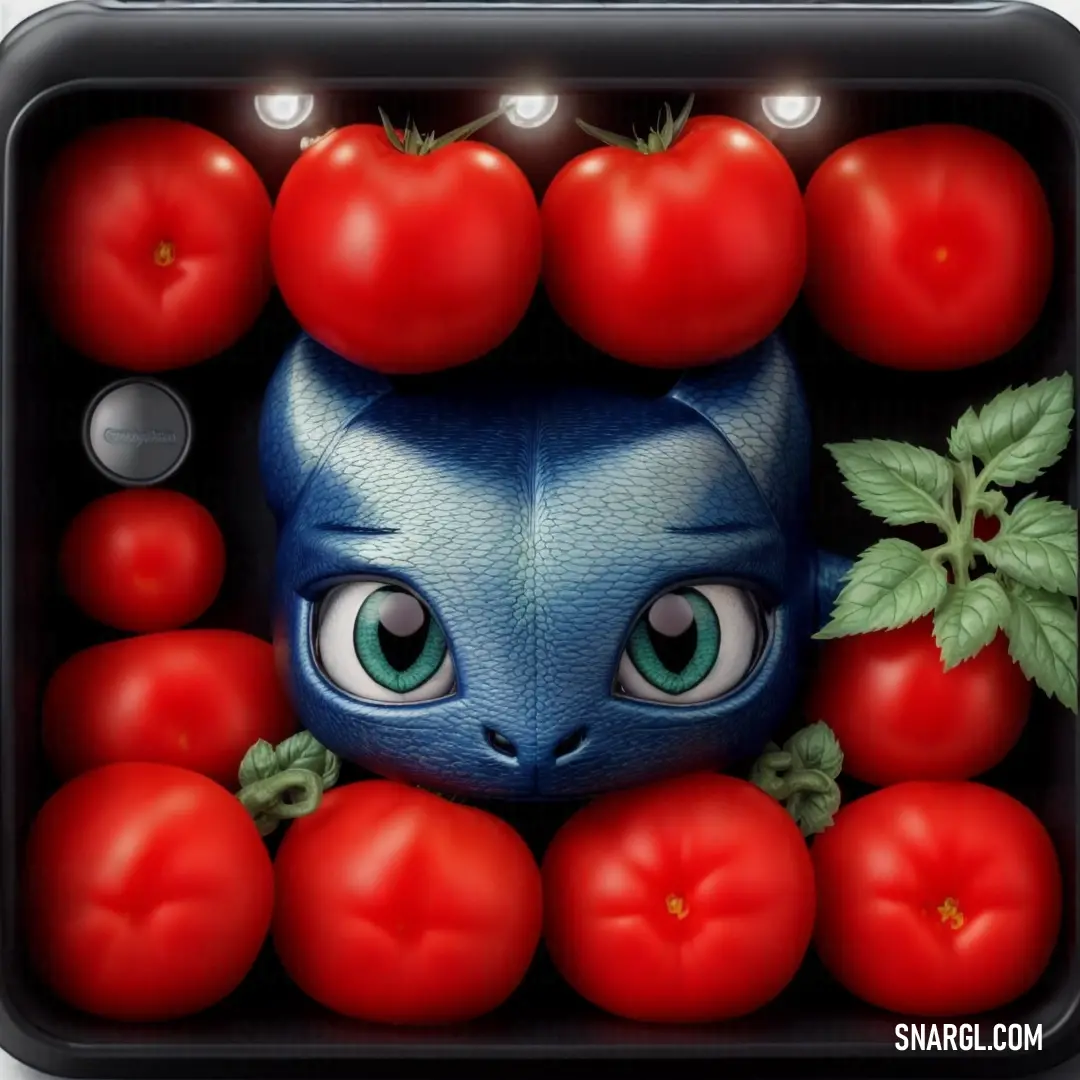 Blue cat surrounded by tomatoes and leaves in a square frame with a black background and a white border
