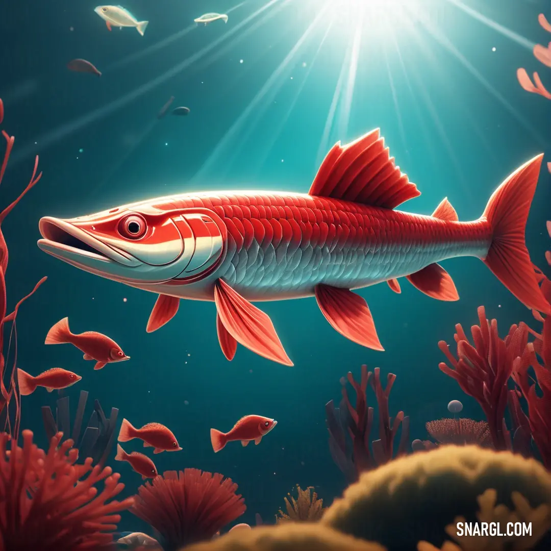 Fish swimming in a sea with corals and seaweeds around it and a bright sun shining in the background. Color Tomato.