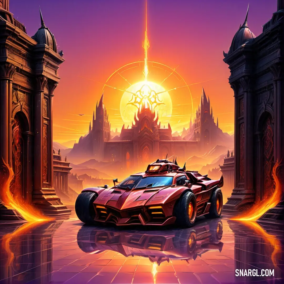 Futuristic car is parked in a futuristic setting with a glowing sun in the background and a reflection of the car