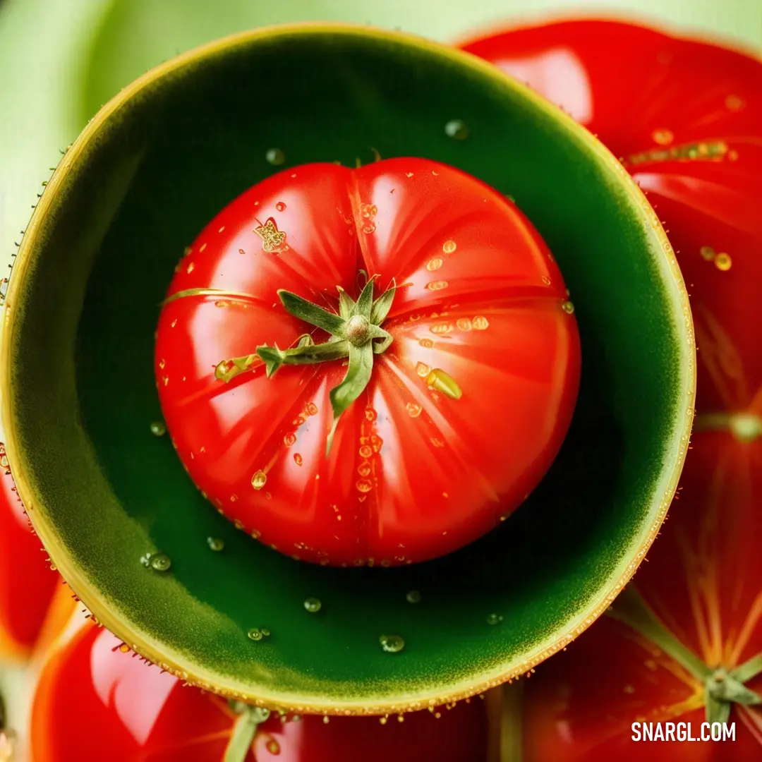 Green bowl filled with a red tomato on top of a table next to other tomatoes and leaves on the table