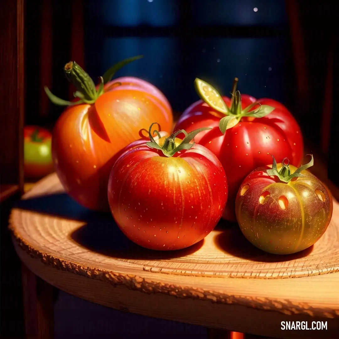 Group of tomatoes on top of a wooden table next to each other on a wooden table top