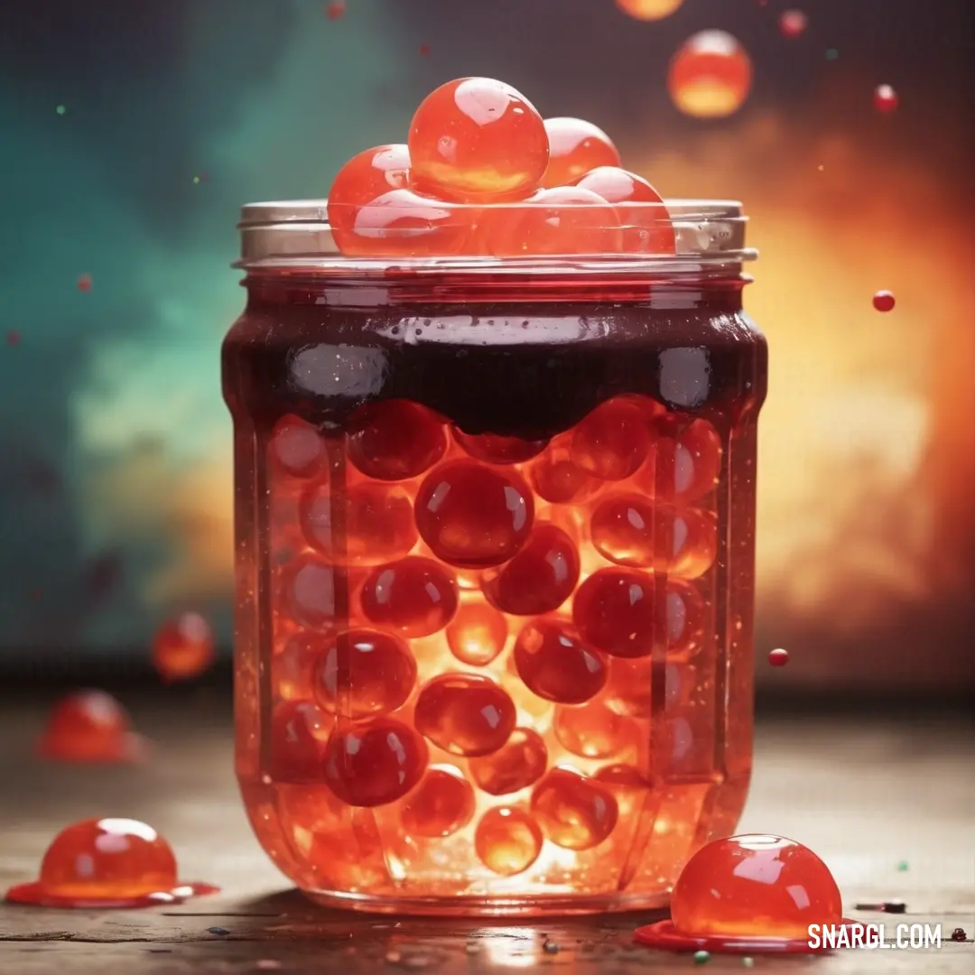 Jar filled with jelly beans on top of a table next to a wall with lights on it and a blurry background. Example of #FF6347 color.