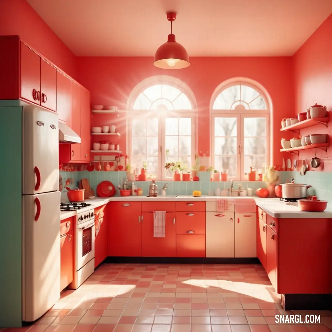 Tomato color. Kitchen with a red and white tile floor and a red wall and a window with a light coming in