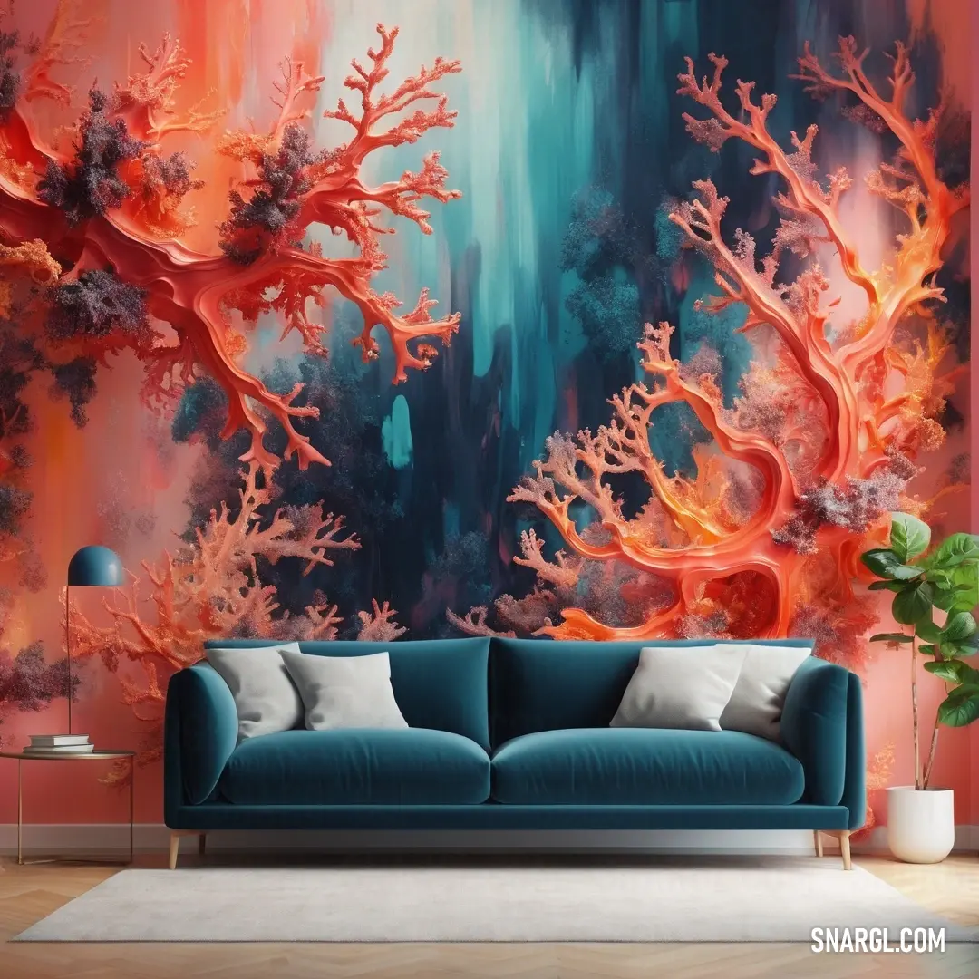 Tomato color. Living room with a couch and a painting on the wall of corals and coral corals on the wall