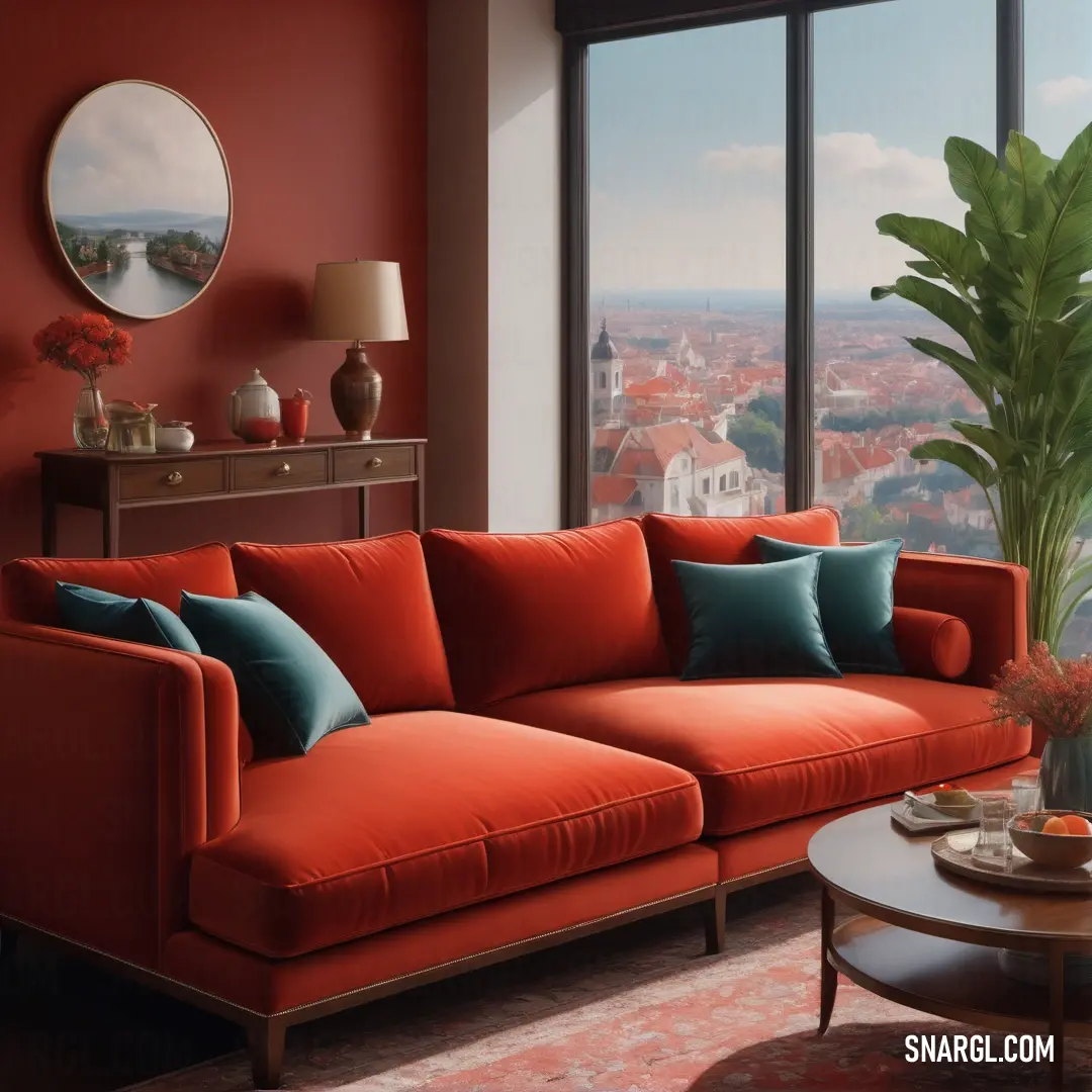 Living room with a couch and a table with a potted plant in it and a large window. Example of RGB 255,99,71 color.