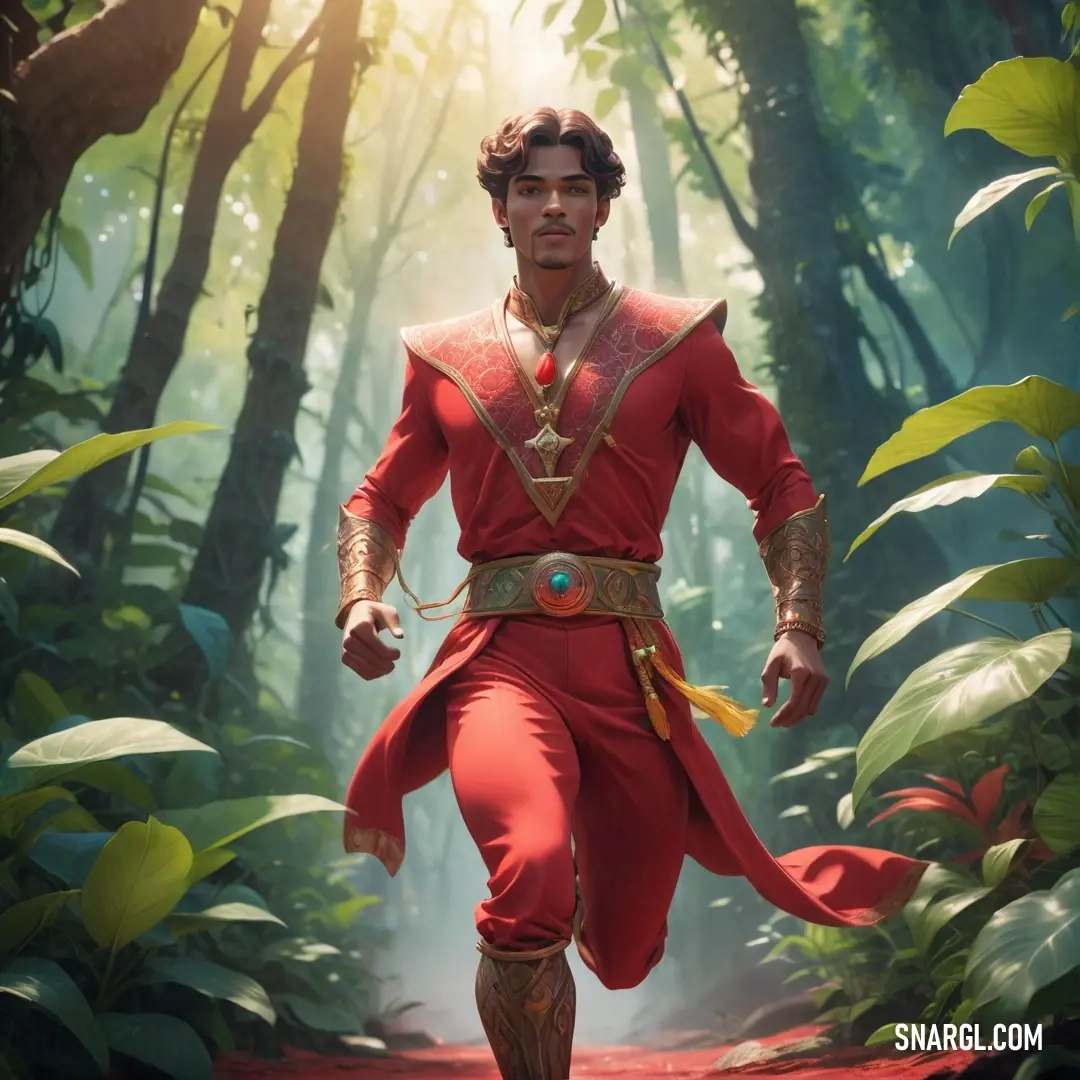Man in a red outfit is running through the woods with a yellow ribbon around his neck