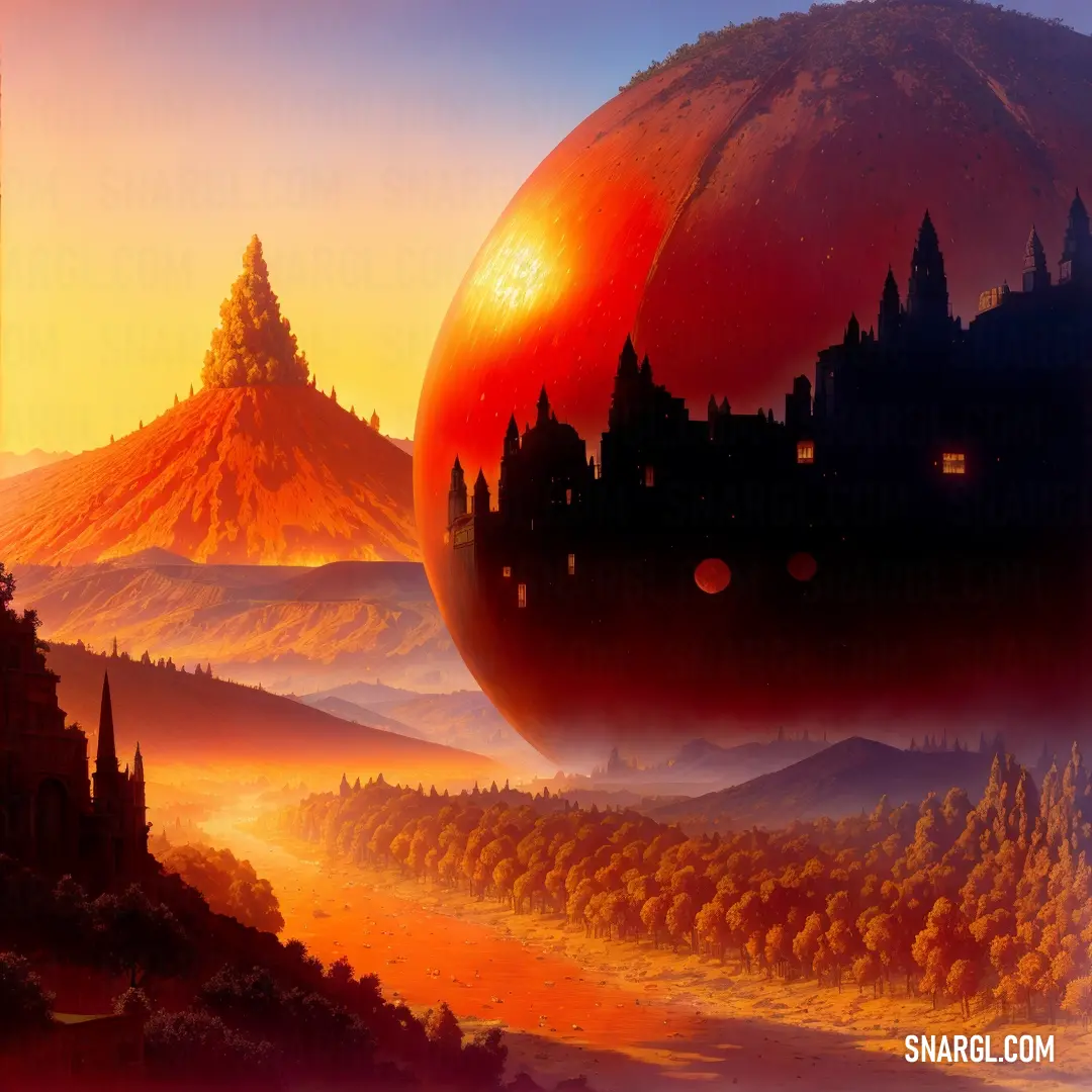 Painting of a red planet with a castle in the background and a sunset in the foreground with a distant mountain range in the background