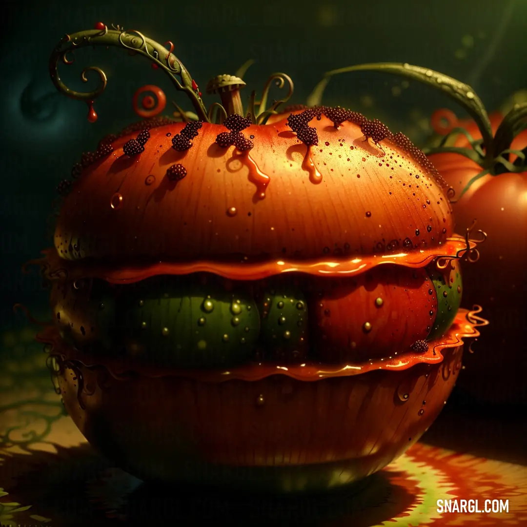 Painting of a tomato with a green and red substance on it's surface and two tomatoes in the background