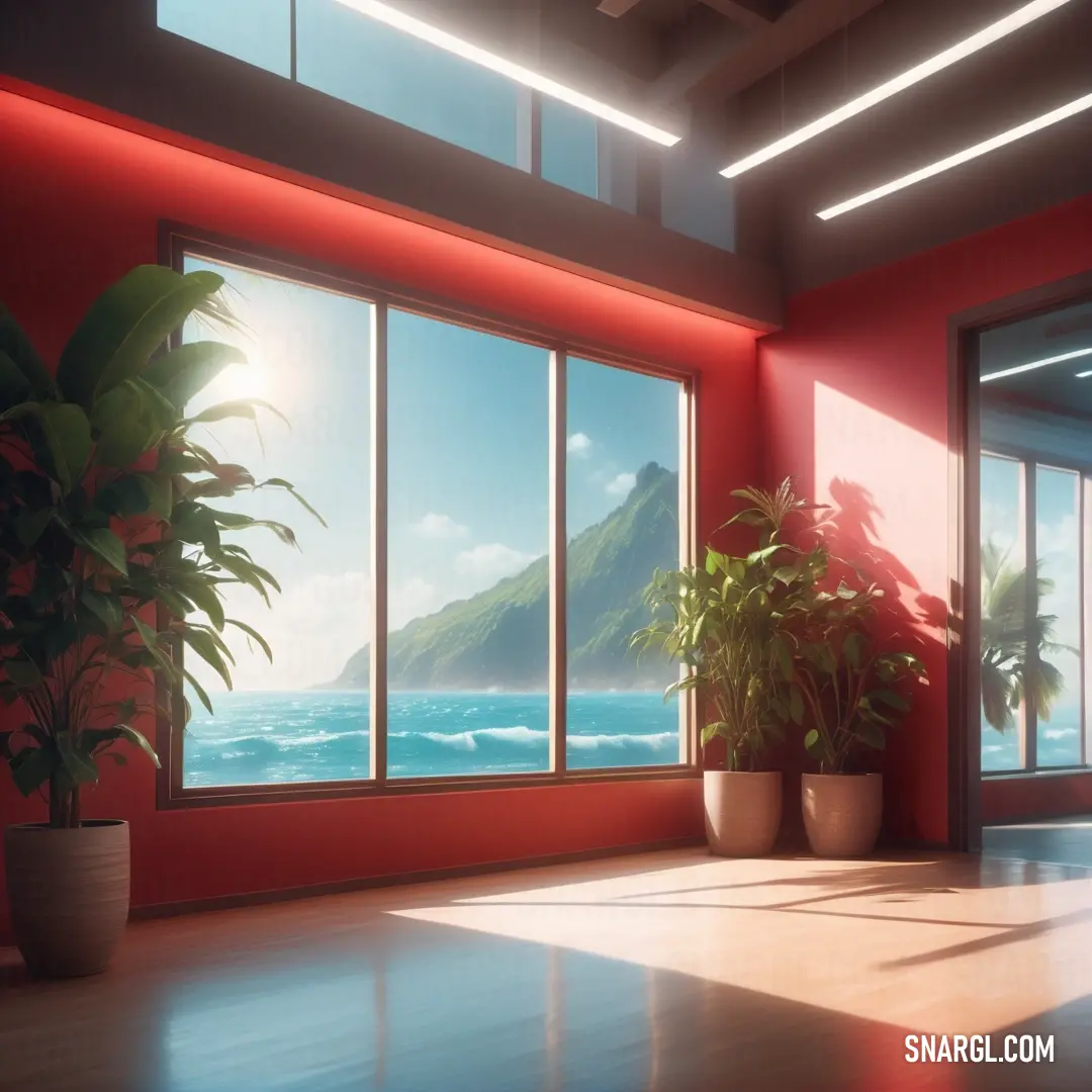 Room with a large window and a potted plant in it and a view of the ocean outside. Color Tomato.