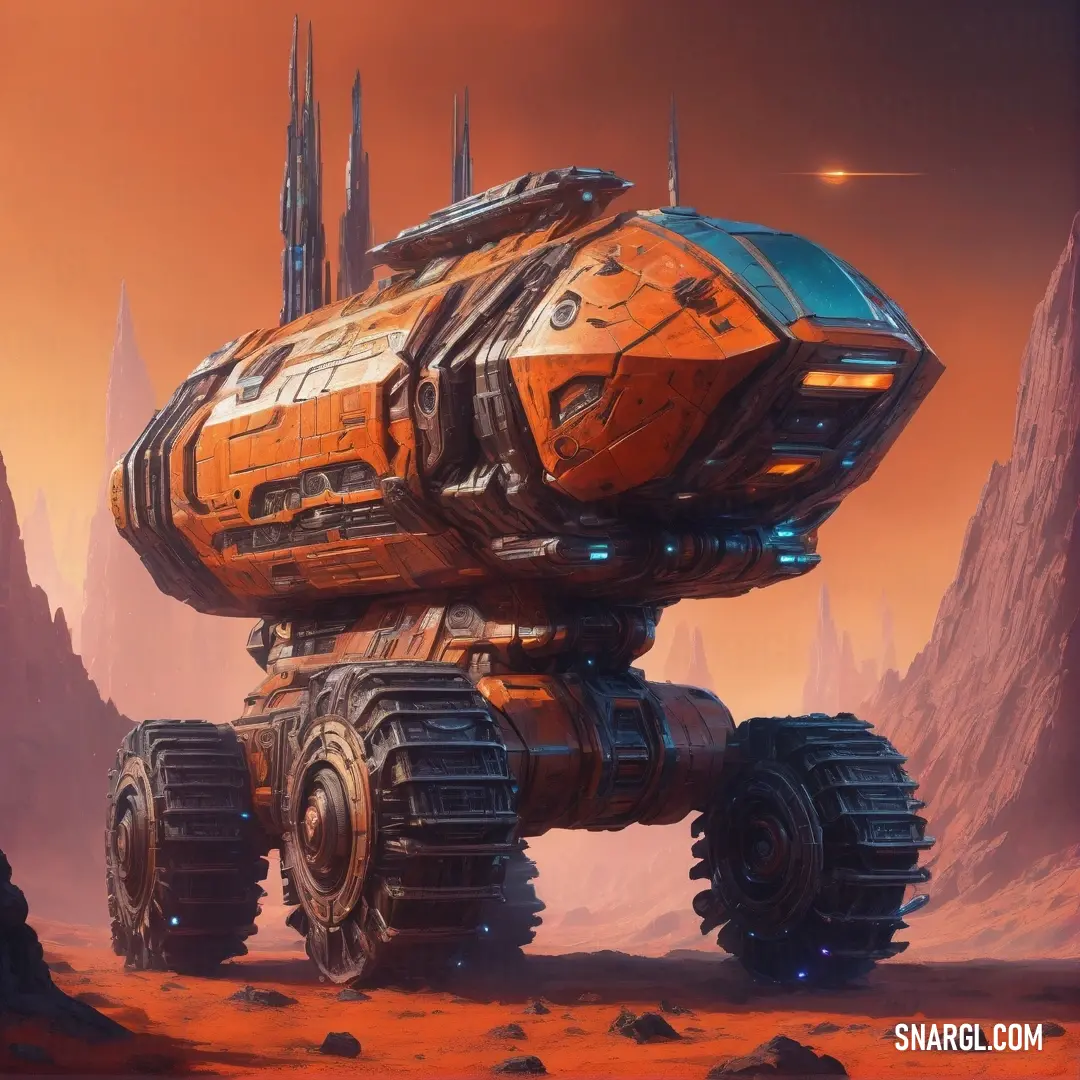 Sci - fi vehicle in a desert landscape with mountains and a star in the background. Color Tomato.