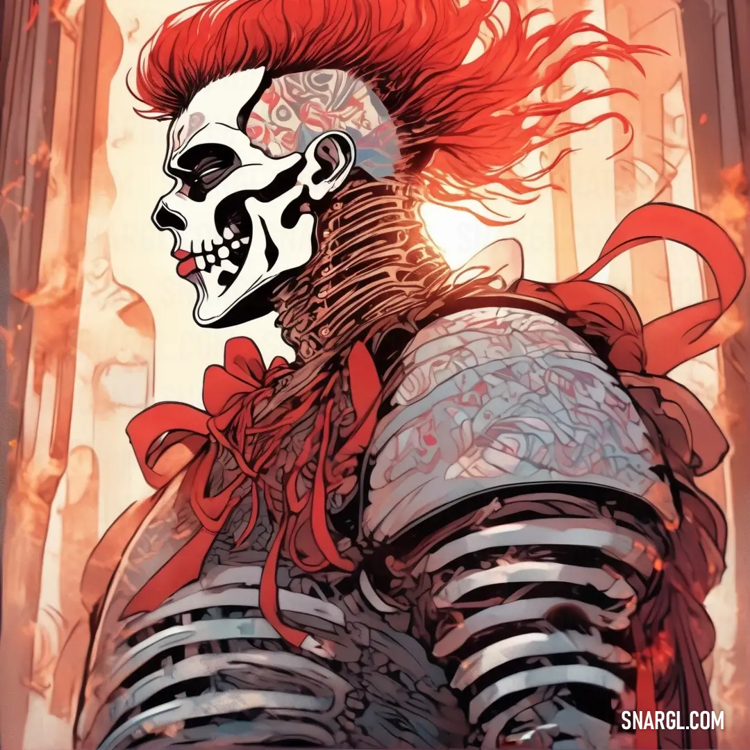 Skeleton with red hair and a skeleton face is standing in front of a window. Color #FF6347.
