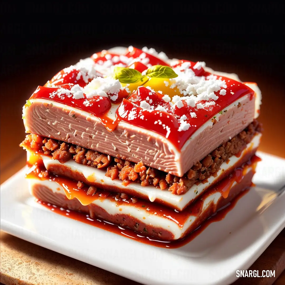Stack of layered desserts on a plate on a table with a spoon and a napkin on the side