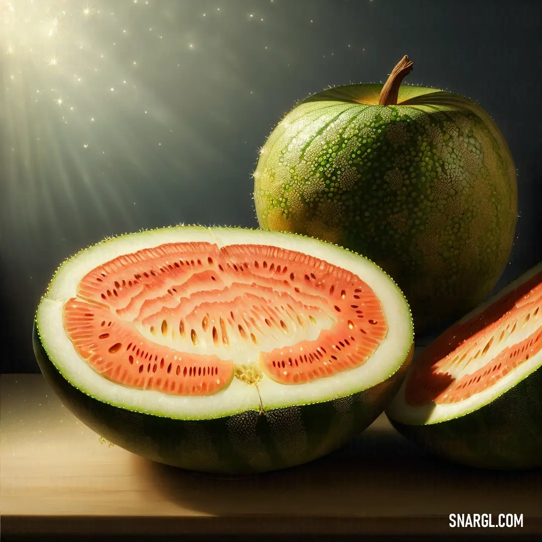 Cut up watermelon on top of a wooden table next to a slice of watermelon. Color RGB 255,99,71.