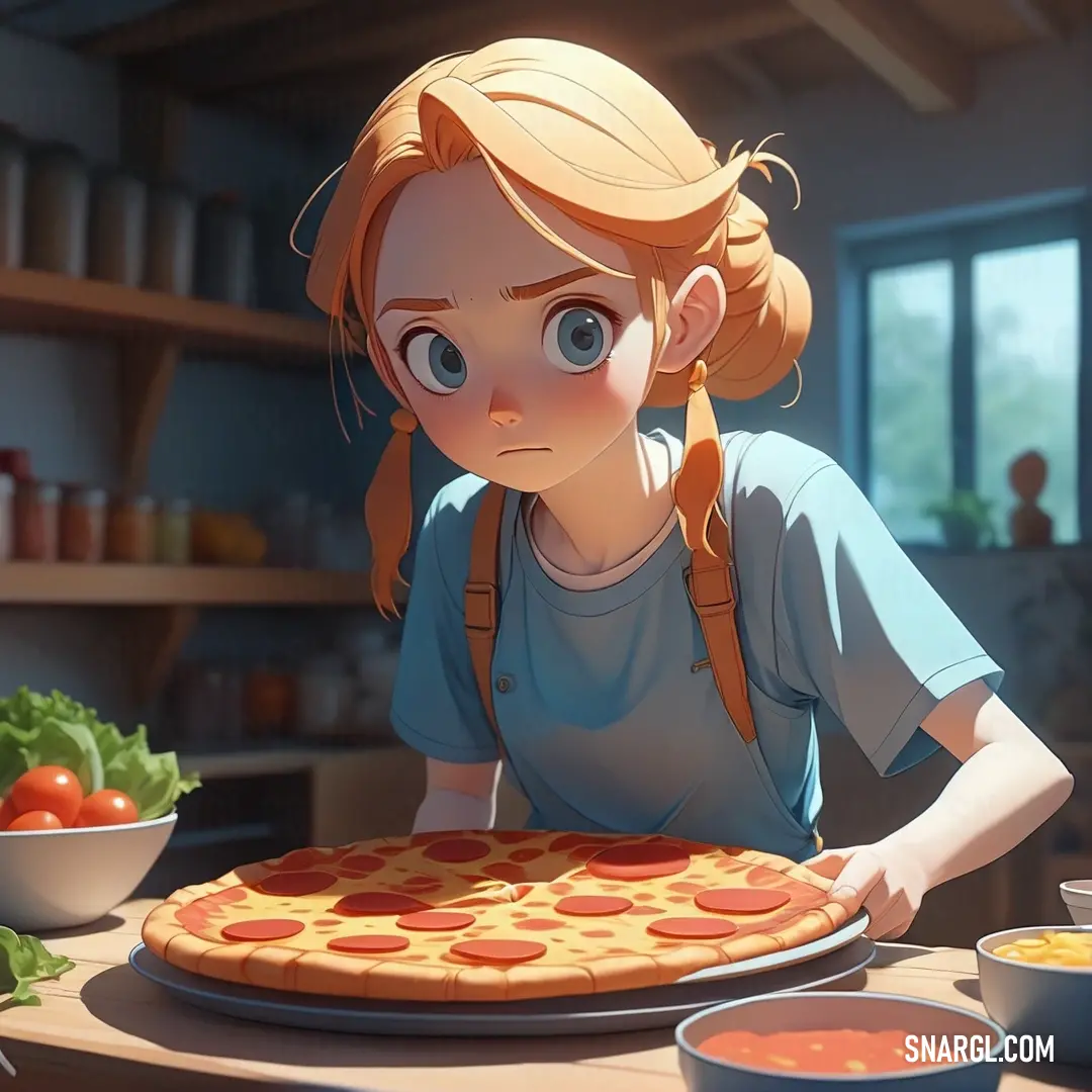 Girl is looking at a pizza on a table with a bowl of tomatoes. Example of CMYK 0,61,72,0 color.