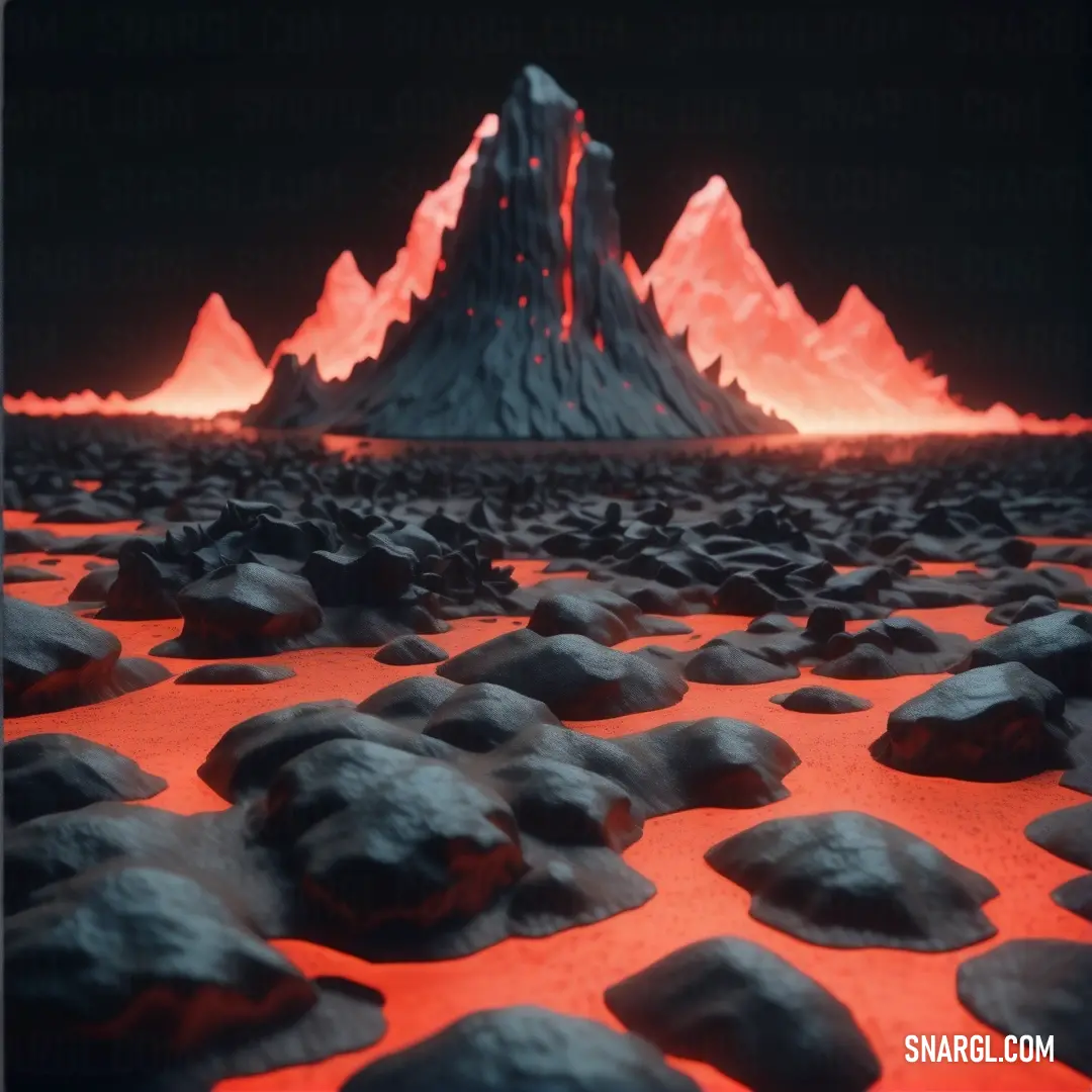Group of rocks on top of a sandy beach next to a mountain range at night time with red light. Color Tomato.