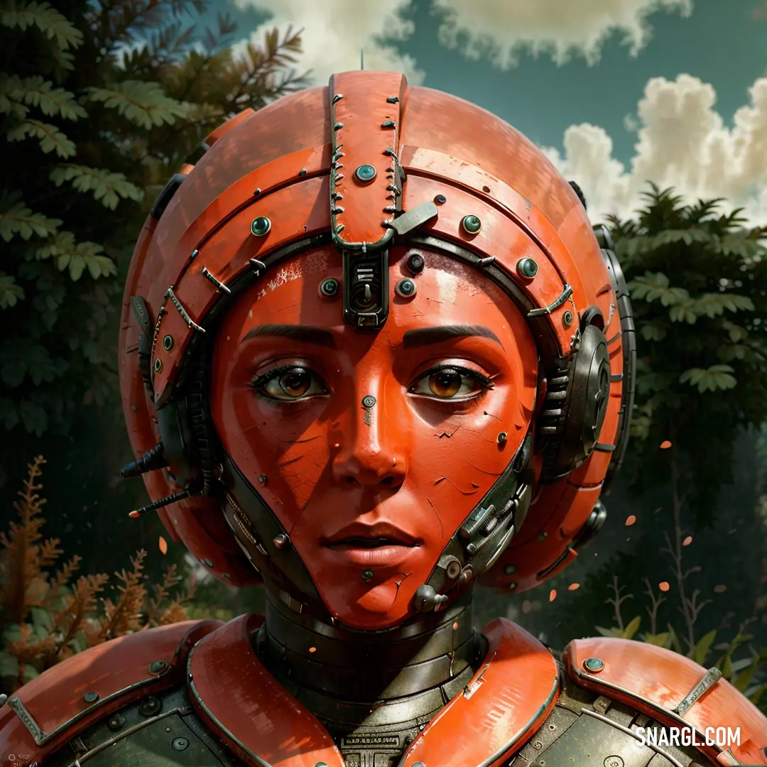 Woman in a futuristic suit with a helmet on her head and a forest in the background. Color #FF6347.