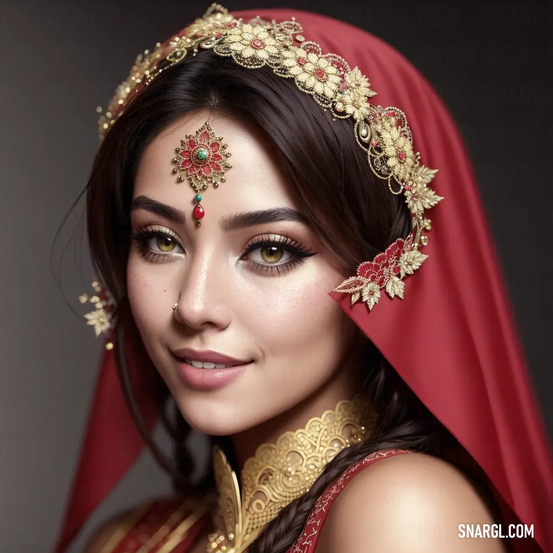 Woman wearing a red veil and a gold head piece with jewels on it