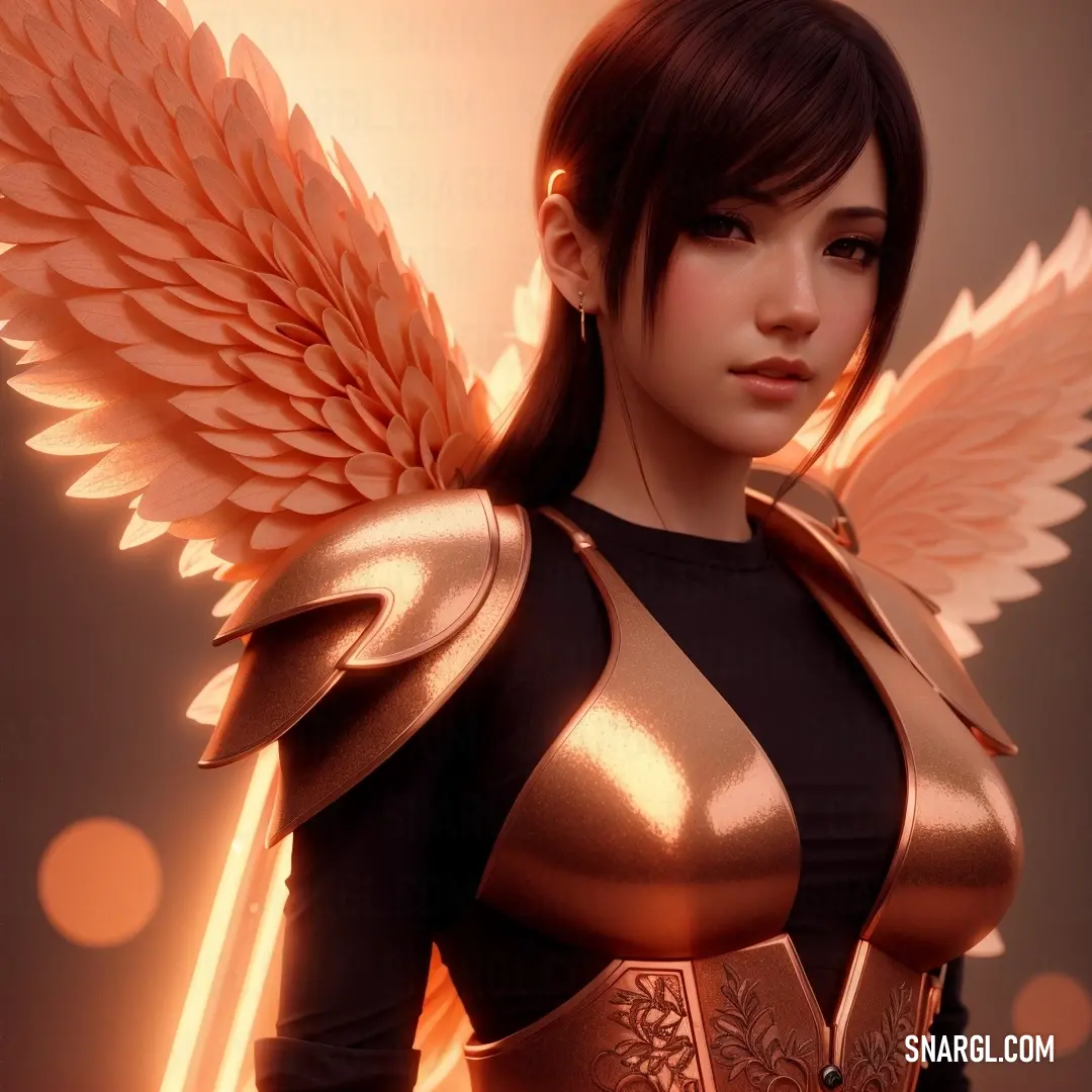 Woman with a gold outfit and wings on her chest. Example of Tomato color.