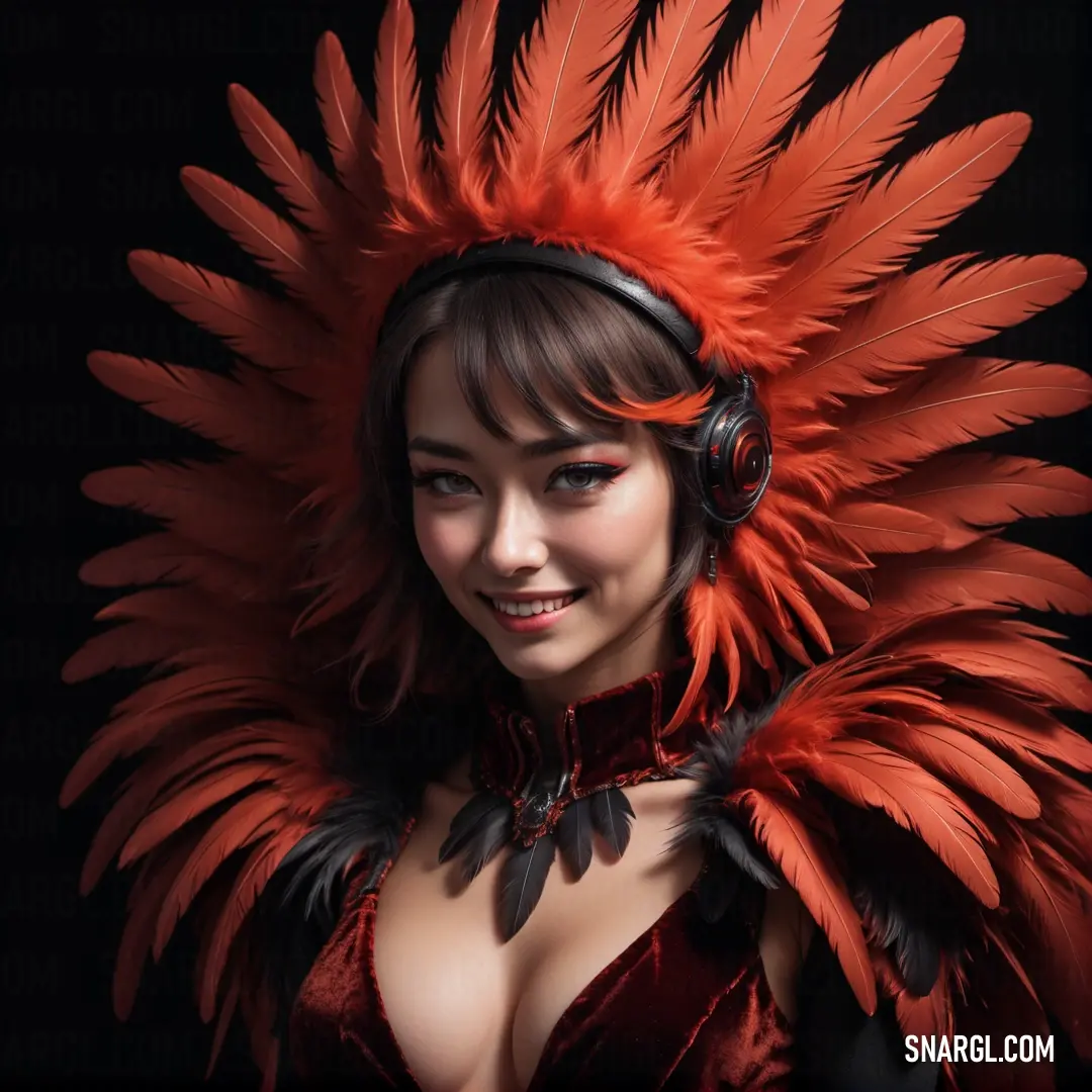 Woman with headphones and a red feathered costume on her head is smiling at the camera with a black background