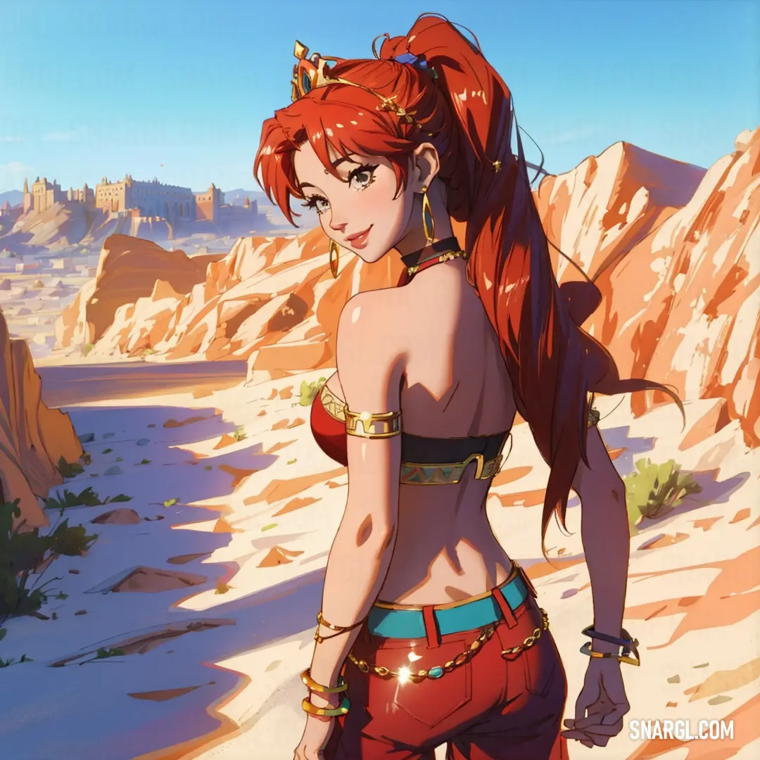 Woman with red hair and a red outfit standing in a desert area with rocks and a mountain in the background