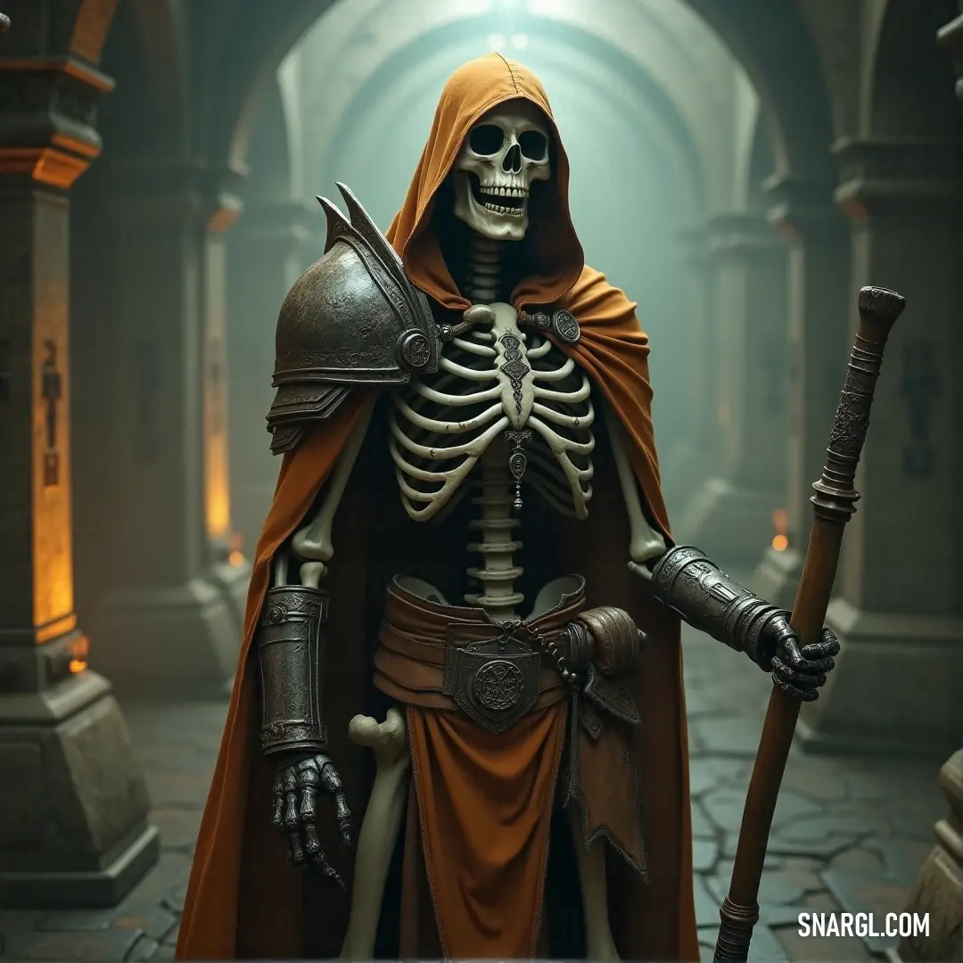 A tomb raider skeleton in medieval garb holds a sword in one hand and a sceptre in the other, standing in a dark, dimly lit room. Ancient stone columns rise around him, casting long shadows across the cold floor.