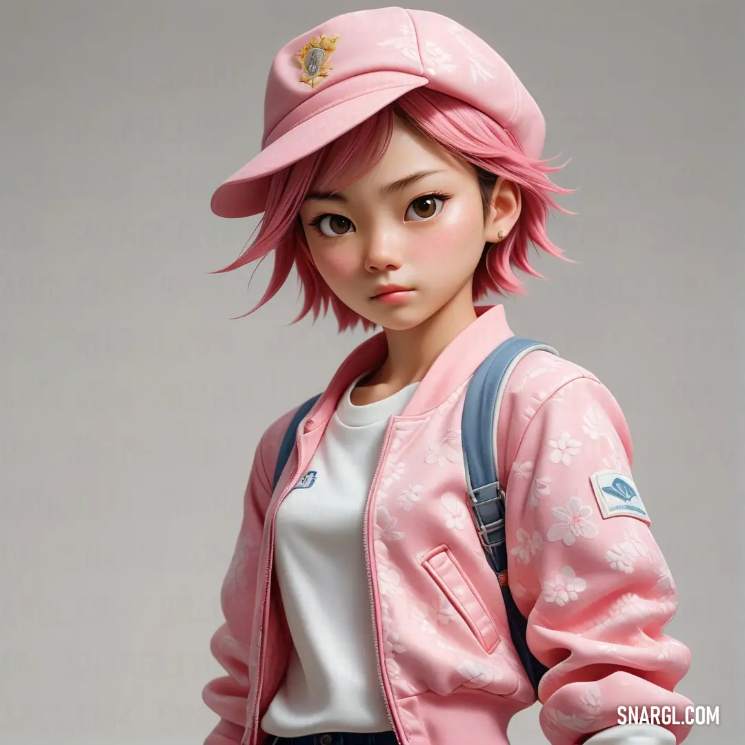 Girl with pink hair and a pink hat is standing in front of a gray background and wearing a pink jacket