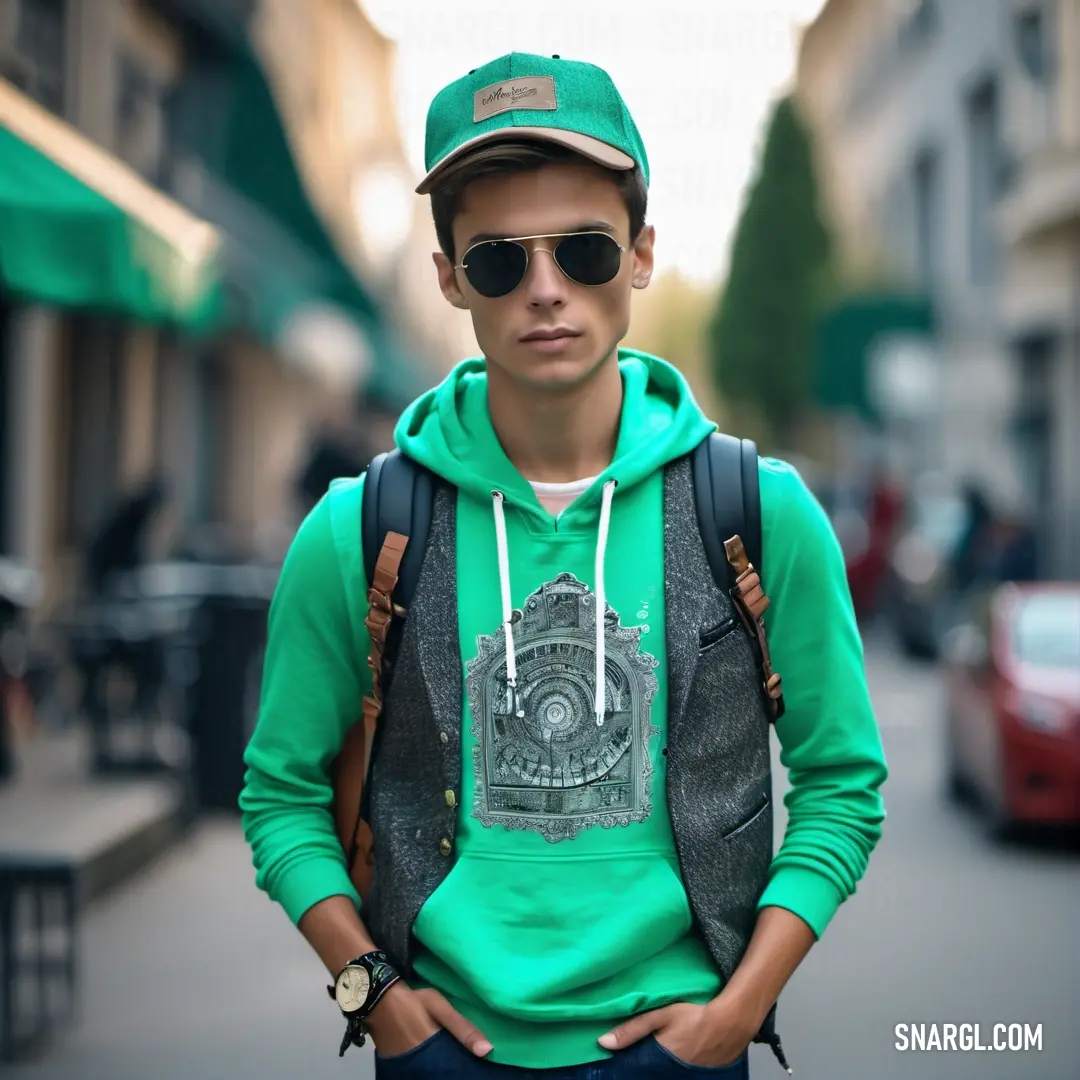 Man wearing a green hoodie and a green hat and sunglasses standing in the street with his hands in his pockets