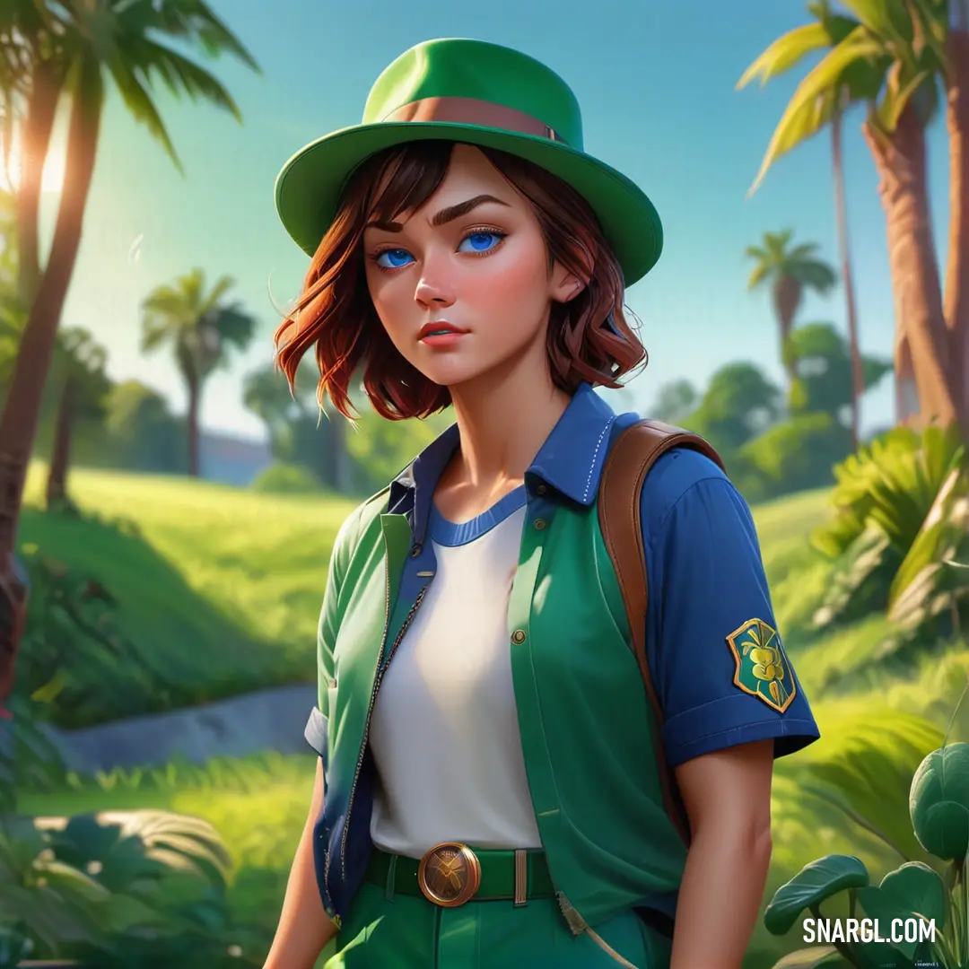 Woman in a green hat and green jacket standing in a jungle area with palm trees and a path