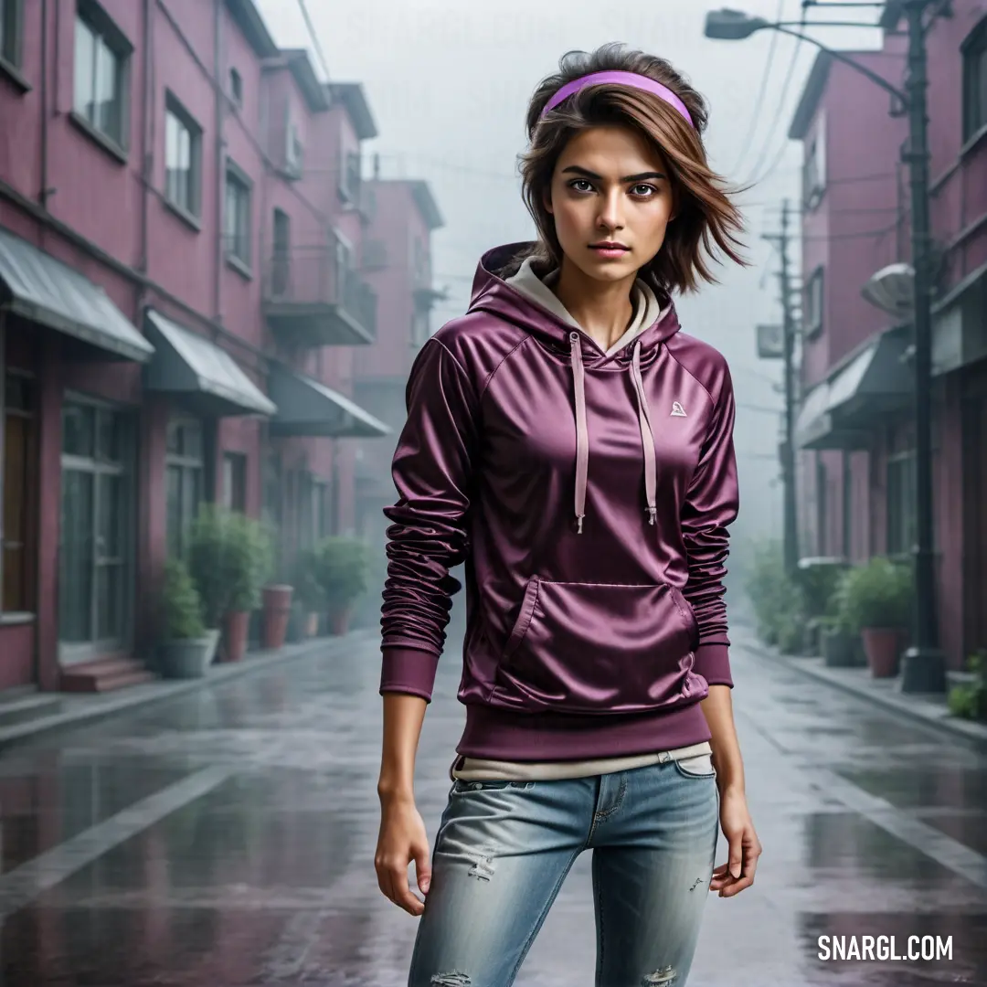 Woman in a purple hoodie is standing in the rain in a city street with buildings