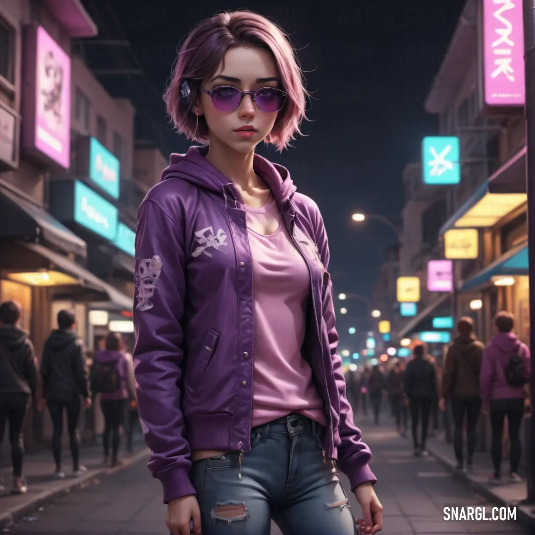 Woman in a purple jacket and sunglasses standing on a street corner at night with people walking by and shops