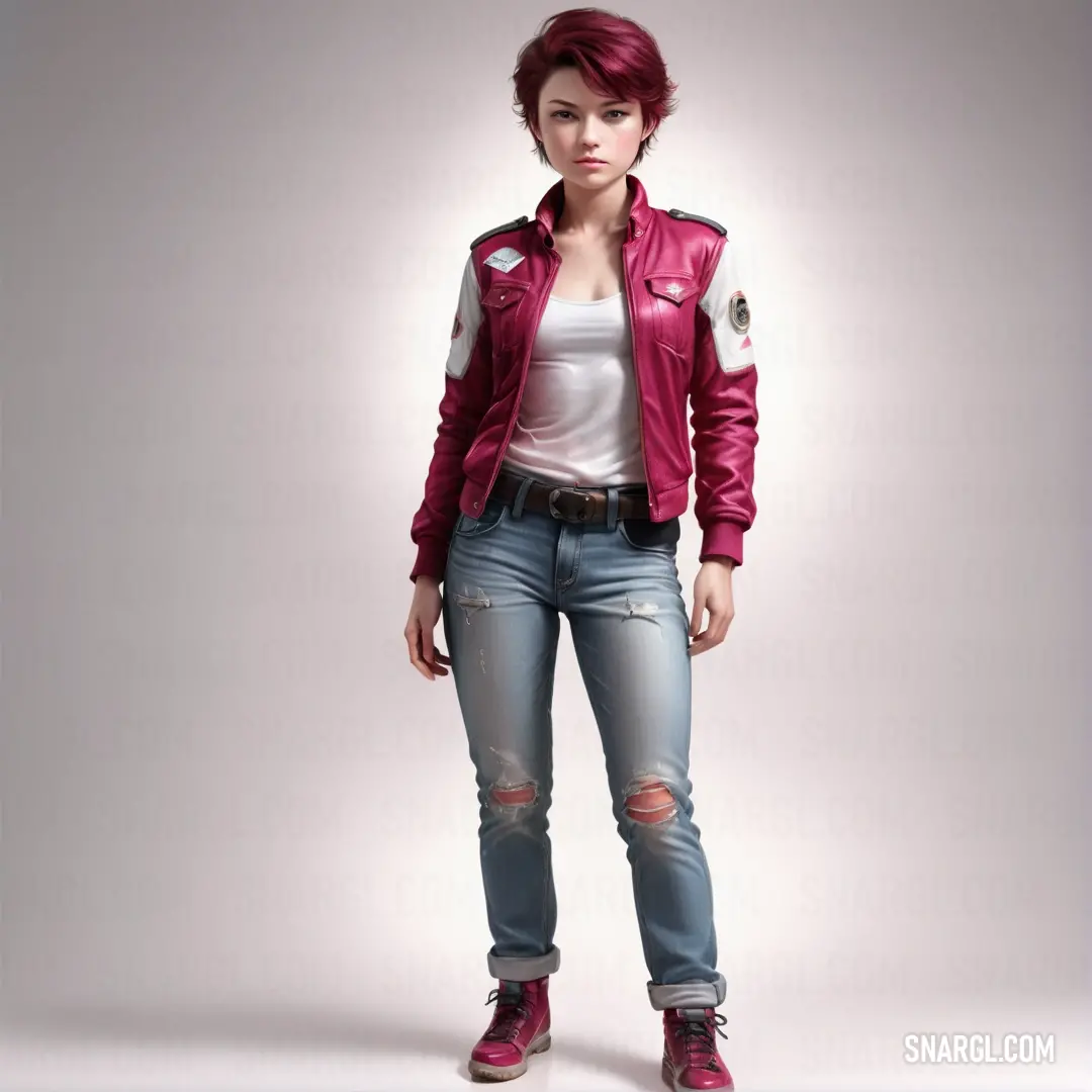 Woman in a red jacket and jeans standing in front of a white background