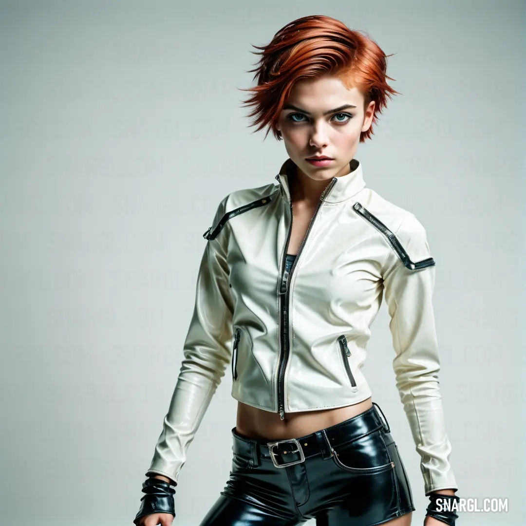 Woman in a white jacket and black leather pants posing for a picture