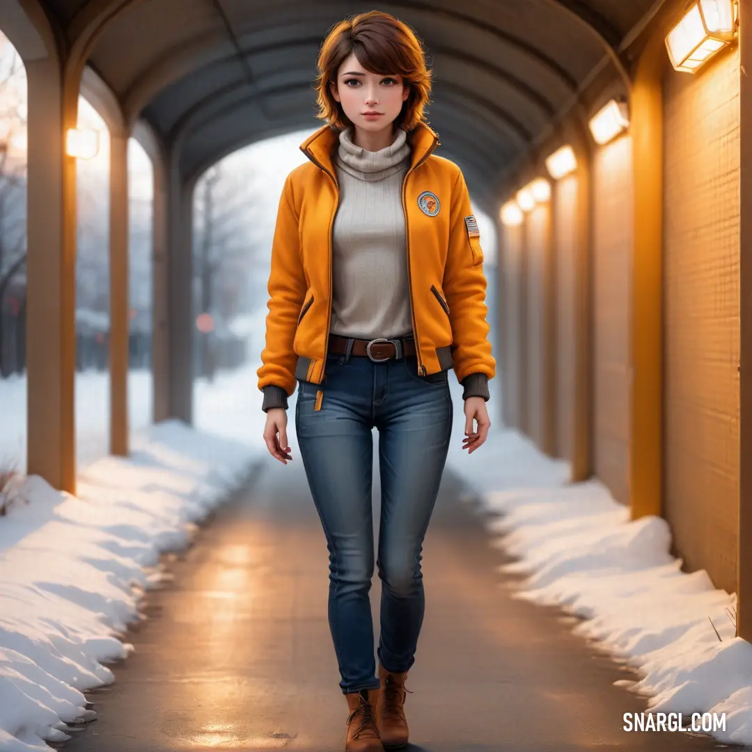 Woman in a yellow jacket is walking down a snowy walkway with snow on the ground and a light on