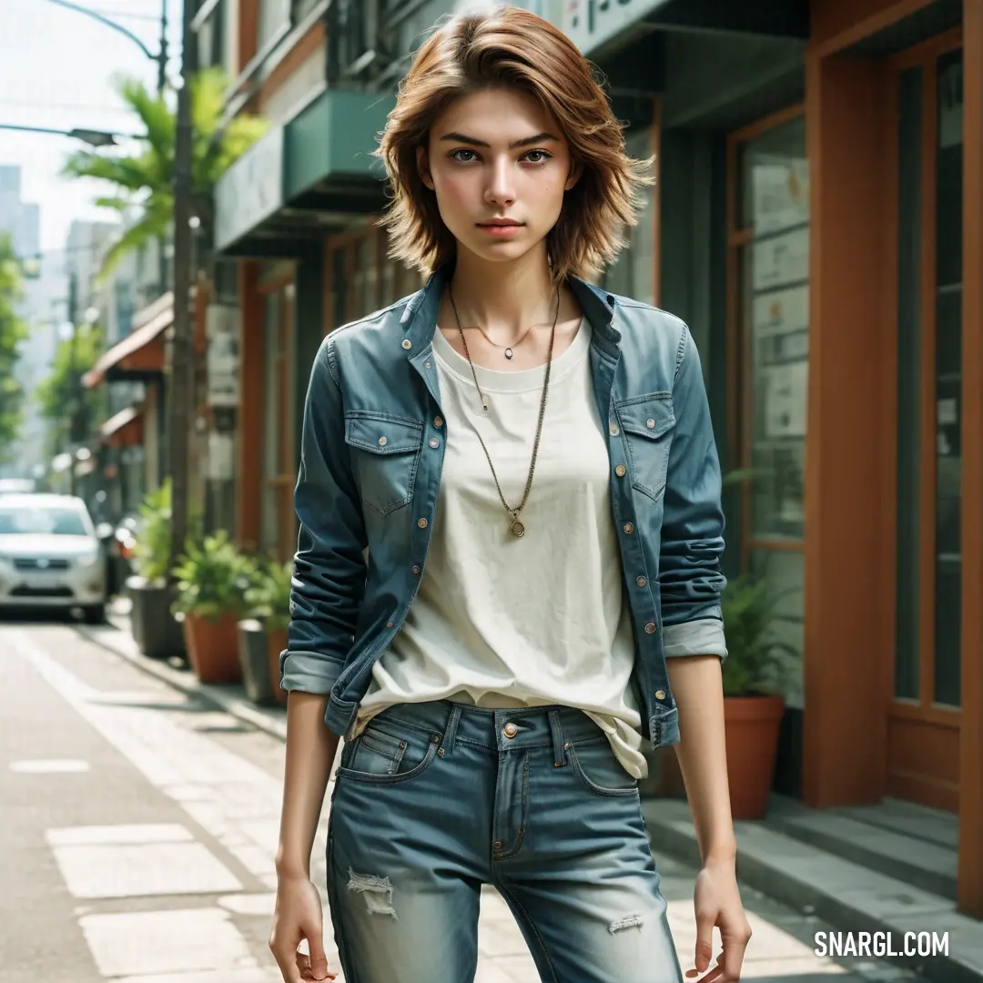 Woman standing on a sidewalk in front of a building with a blue jean jacket on and a white shirt on