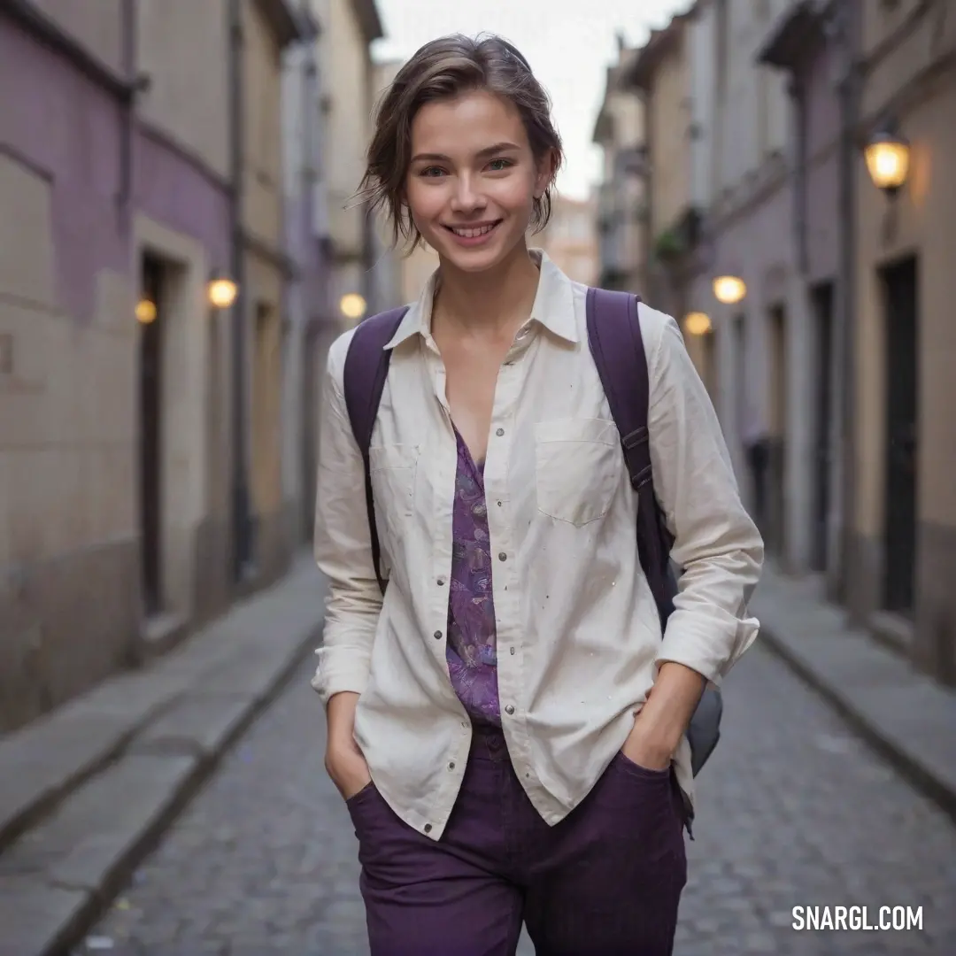 Woman standing on a street with a backpack on her back and a smile on her face