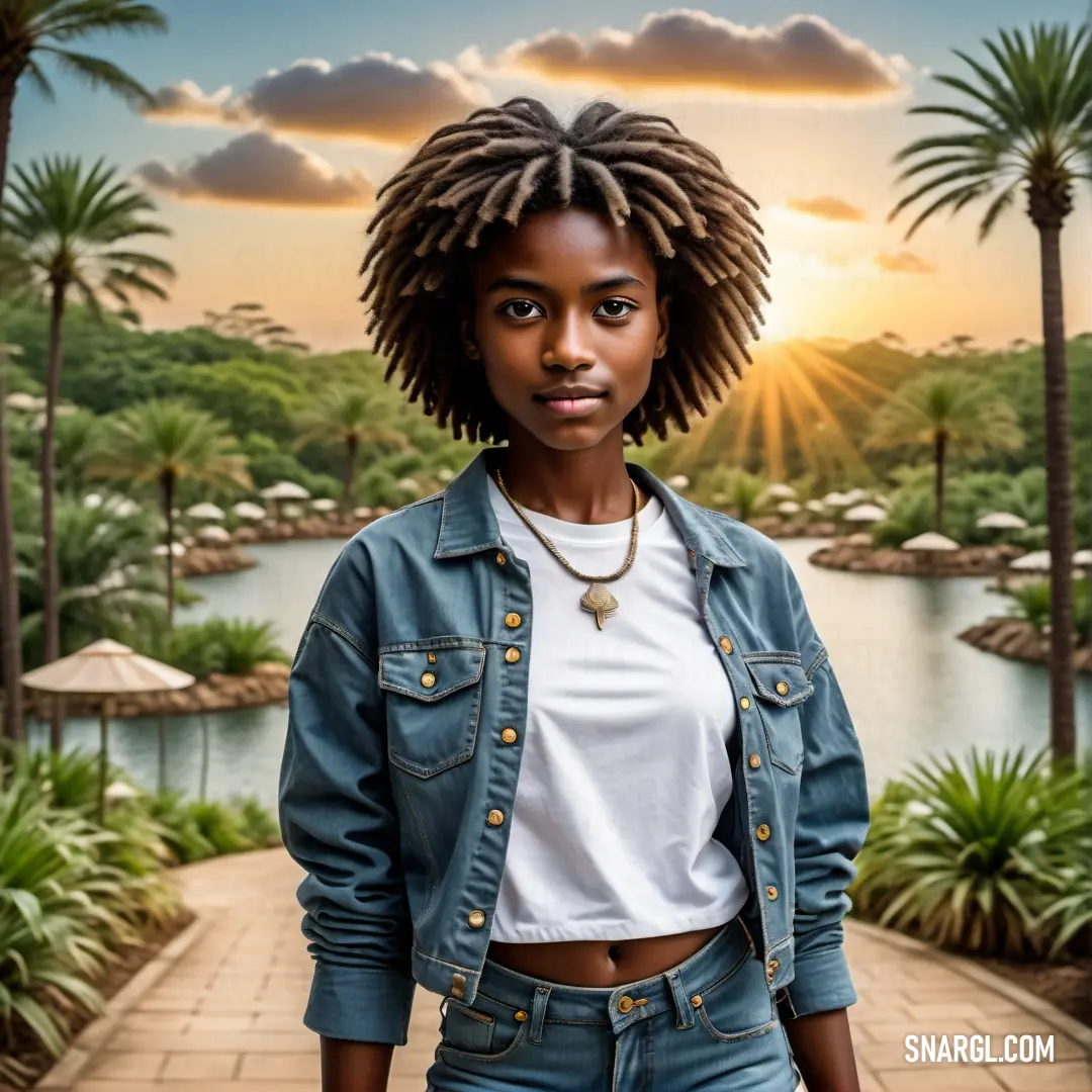 Woman with dreadlocks standing in front of a lake and palm trees at sunset with a sky background