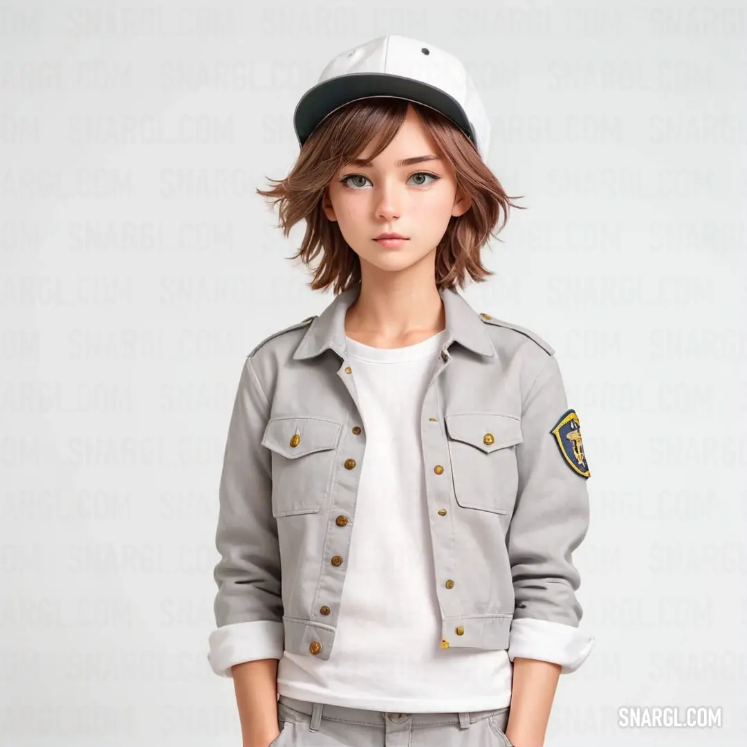 Young girl wearing a baseball cap and grey pants with a white shirt and jacket on her shoulders