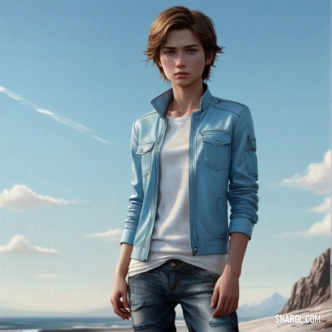 Young man standing on a beach next to the ocean wearing a blue jacket and jeans and a white t - shirt