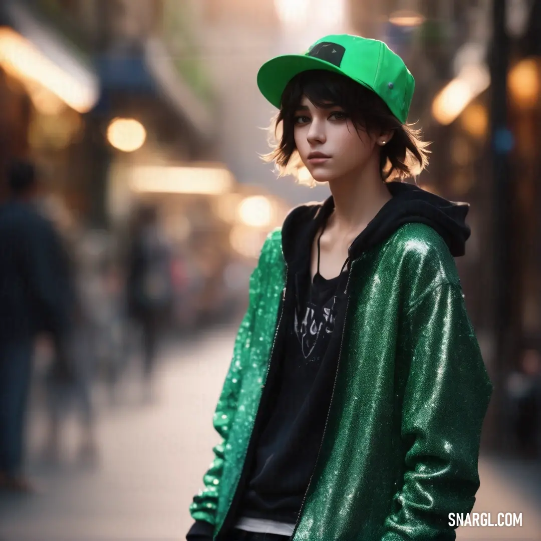 Young man wearing a green hat and green jacket on a city street with people walking by in the background