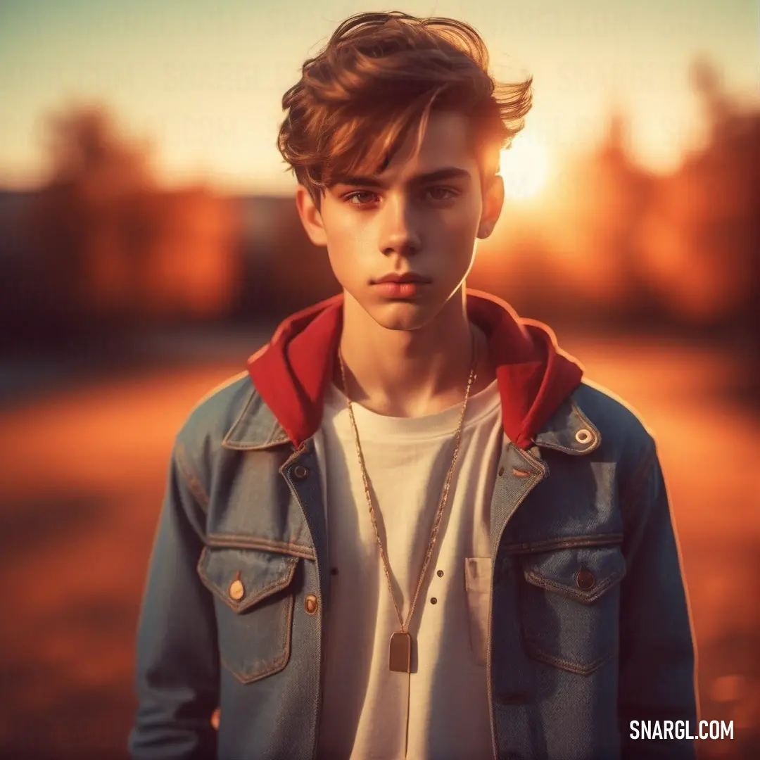 Young man with a necklace and a jacket on standing in a field at sunset with the sun behind him