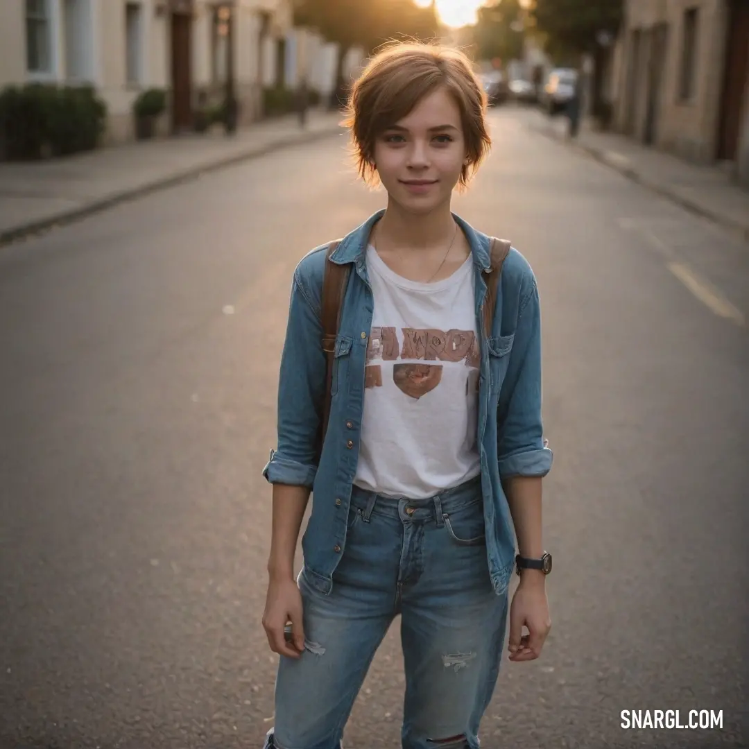 Young woman standing on a street with a backpack on her shoulder and a t - shirt on her chest