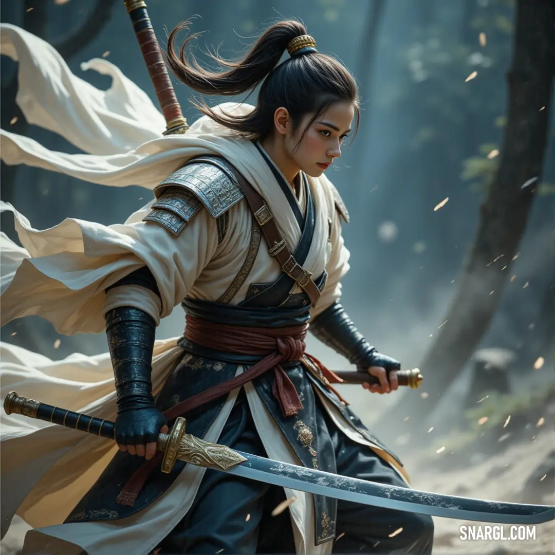Tomoe, in a kimono, stands ready in a forest, her sword drawn and poised for action. Tomoe stands resolute in a forest clearing, her kimono flowing with the wind as she grips her sword. The towering trees around her create a natural barrier, framing her presence as she prepares for whatever challenges lie ahead in the quiet wilderness.