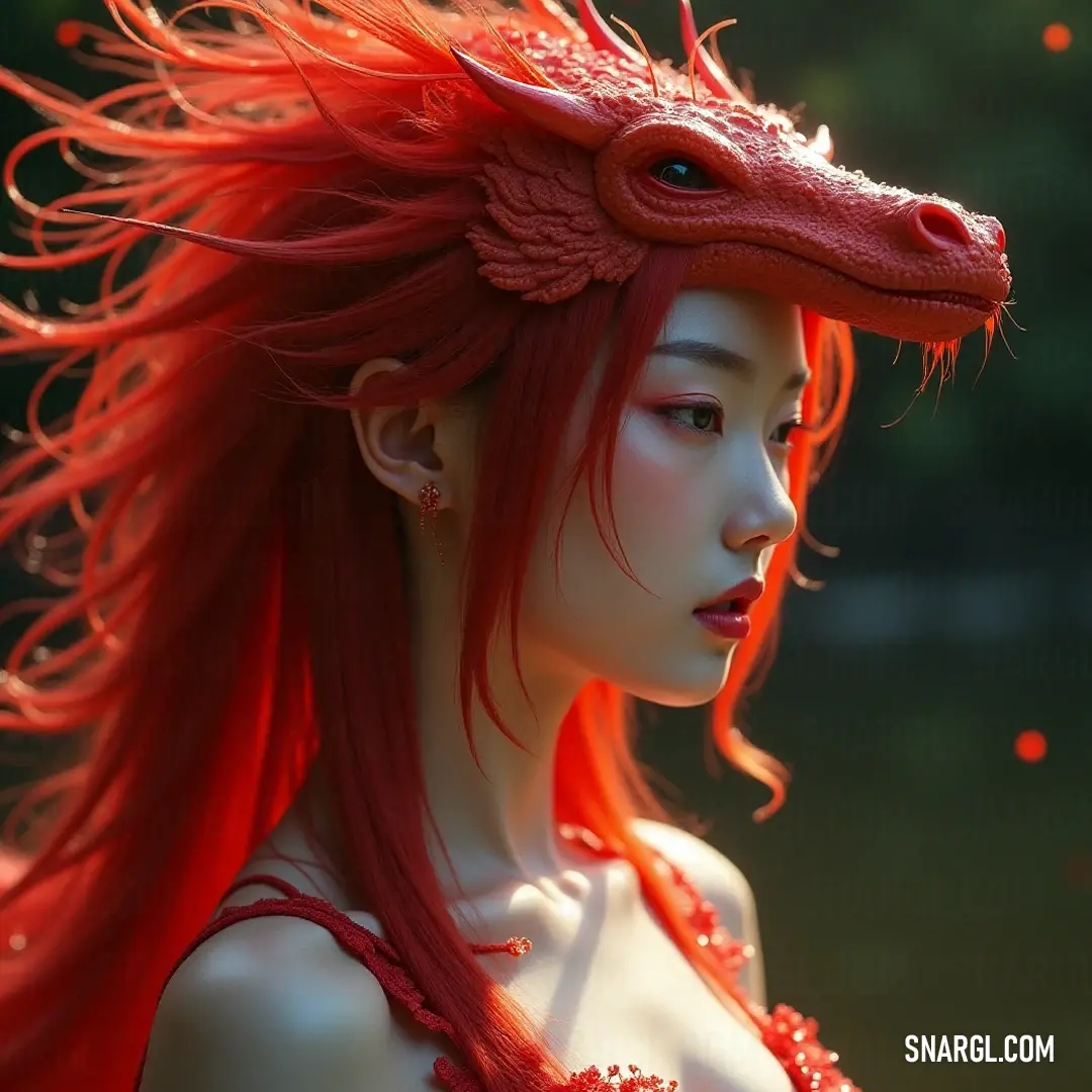 A vibrant scene featuring a girl with flowing red hair adorned with a fierce dragon headdress, embodying a mystical aura as she confidently poses against a backdrop of swirling clouds and bright skies, ready to delve into an epic adventure.