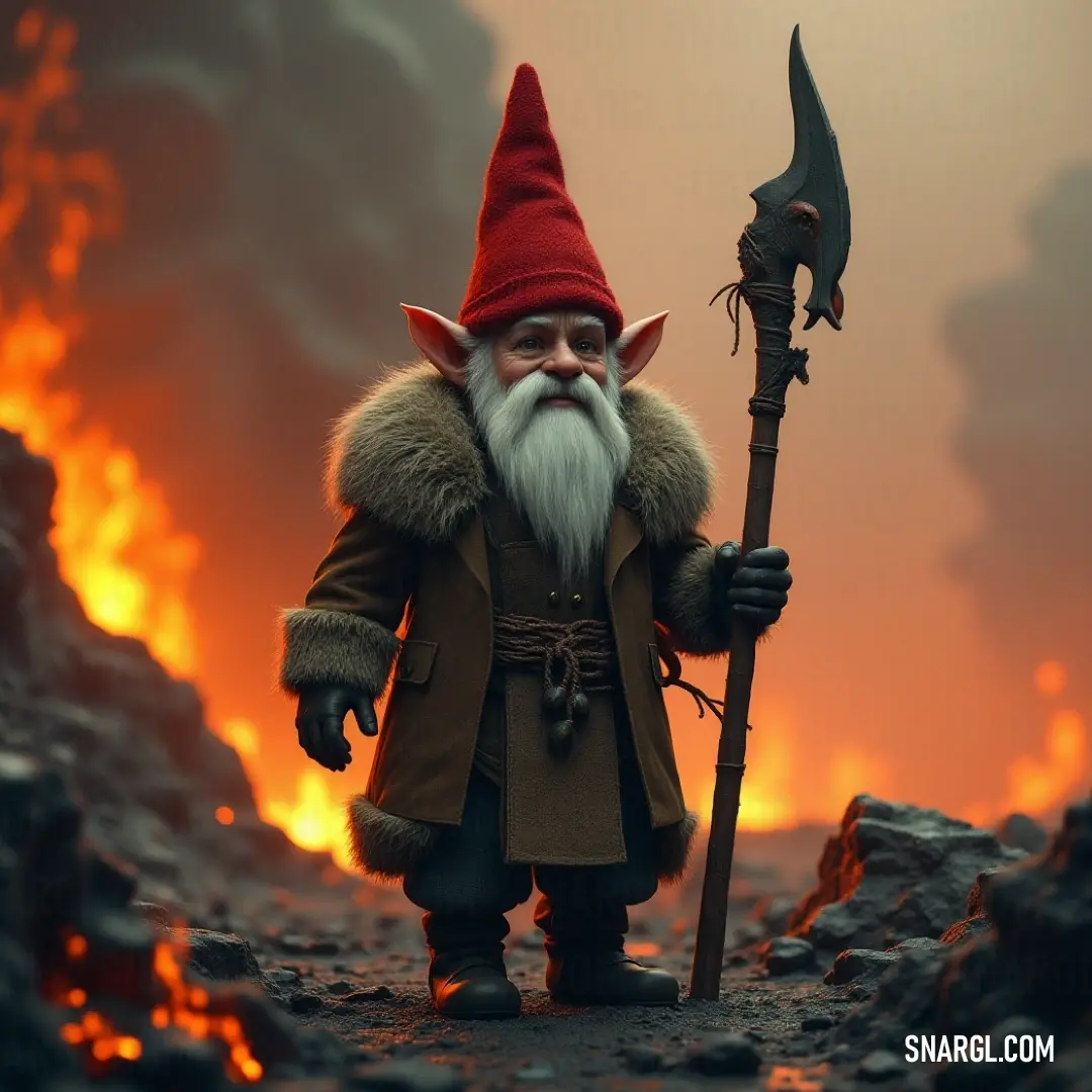 A majestic Tomte-Far with a flowing white beard, donning a striking red hat, stands resolutely in front of a sky ablaze with vibrant colors, holding a sturdy stick that commands respect.