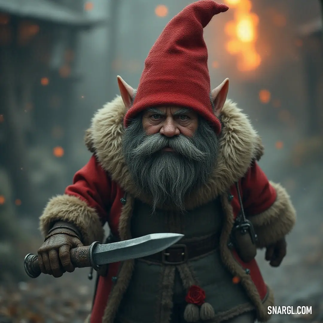A whimsical Tomte-Far clad in a vibrant red coat and matching hat, confidently gripping a shiny knife, as he stands amidst an enchanting forest setting, ready to embark on an adventure.
