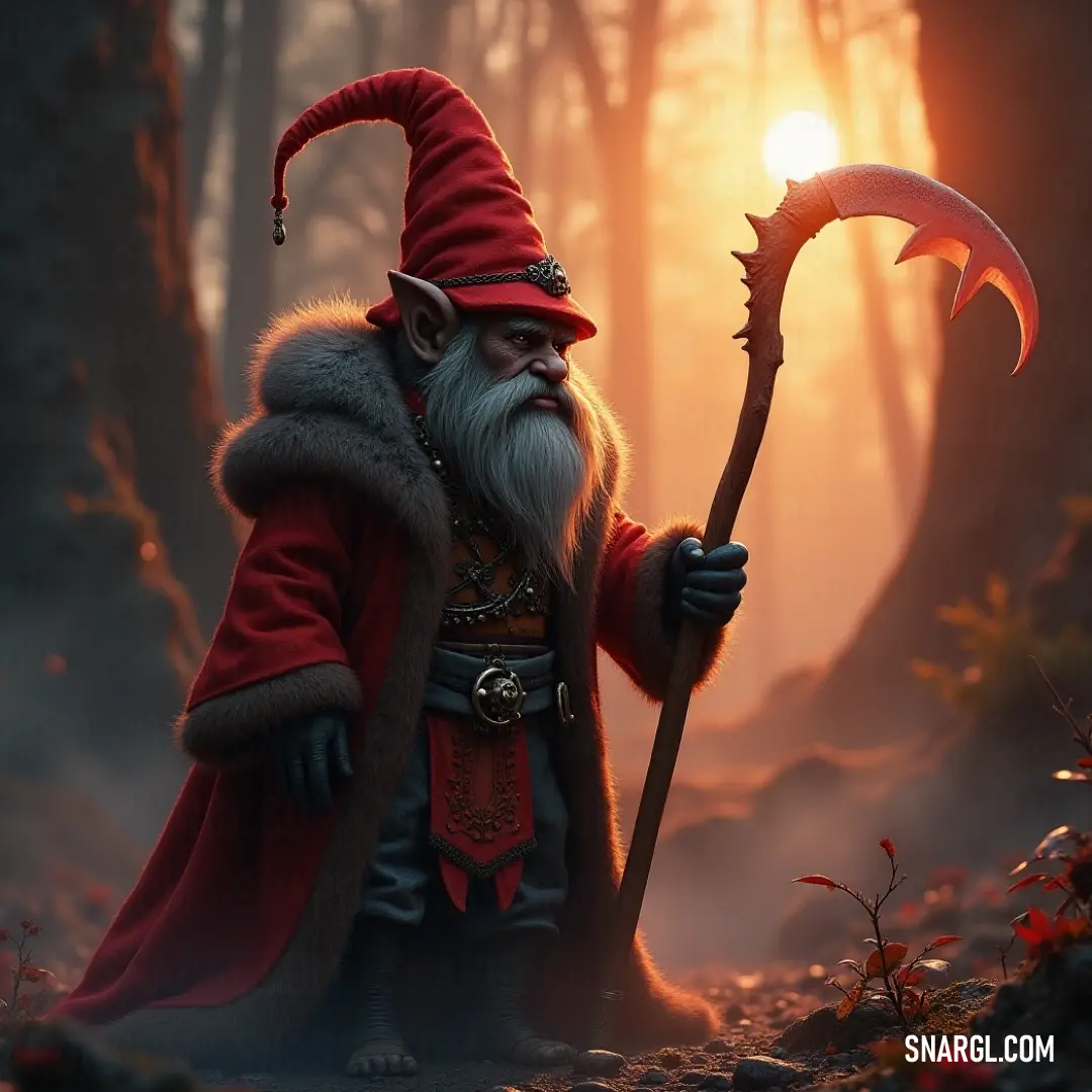 A powerful wizard stands tall in a mystical forest, his staff glowing softly as the colors of dawn embrace the landscape, casting enchanting hues on the ancient trees surrounding him.