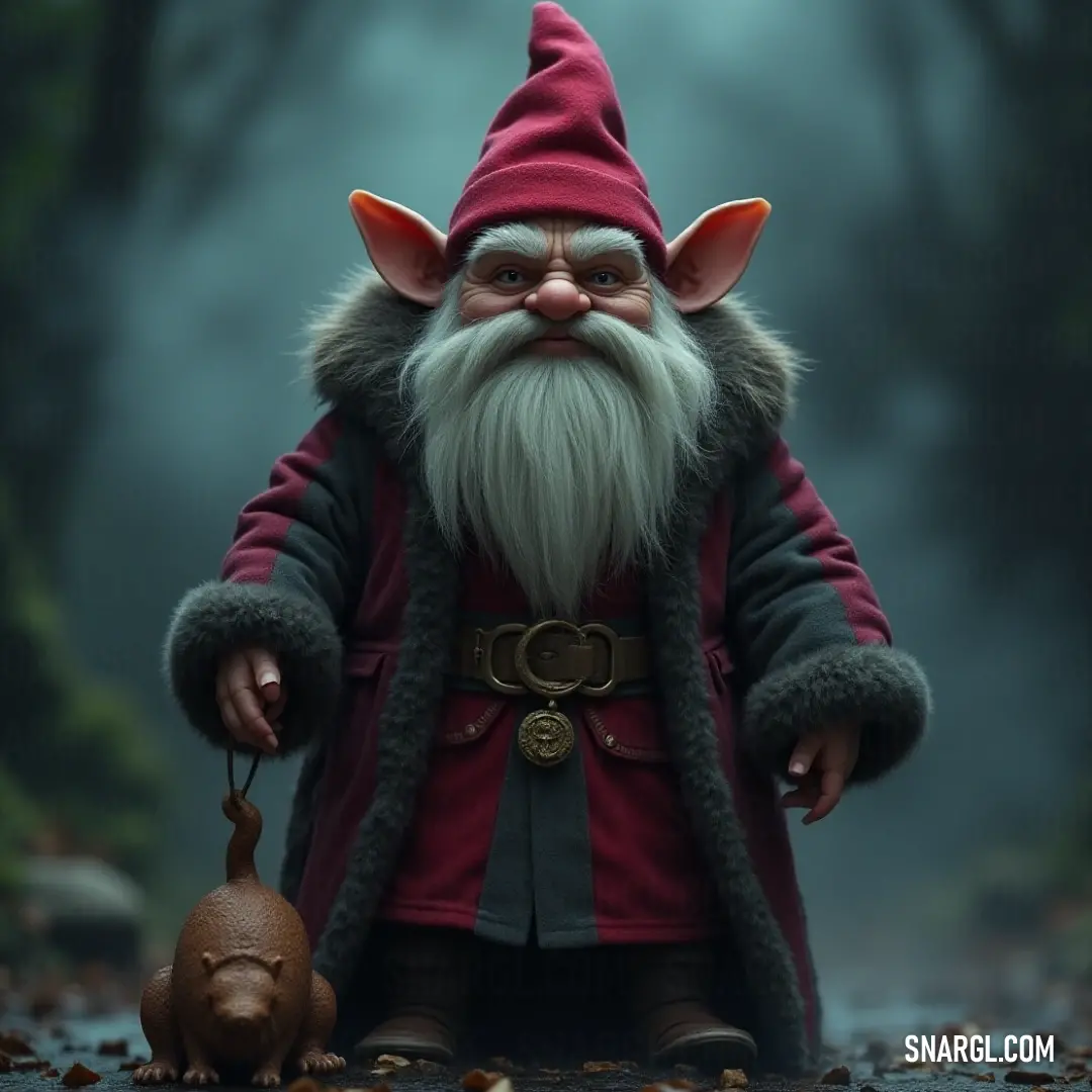 Tomte Loke, with a cheerful demeanor in his red coat, kneels next to a plucky brown mouse in a leaf-covered clearing, creating a scene filled with warmth and whimsy, celebrating friendship in nature.