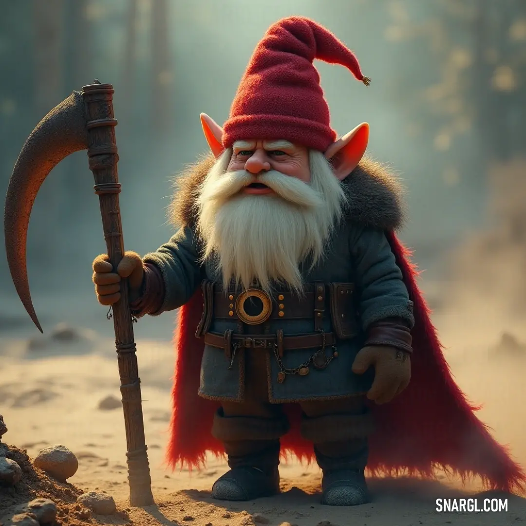 In a snowy forest, Tomte Sigurd, wearing an intricately designed red hat and a long flowing cape, holds a wooden stick amid the fog. The tranquil scenery envelops him, creating a magical ambiance of winter's wonder.