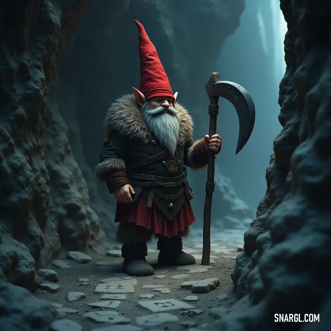Tomte Viktor, adorned with a long red hat and a gleaming axe, navigates through a shadowy cave filled with rugged rocks and a gentle stream, suggesting adventure and exploration.