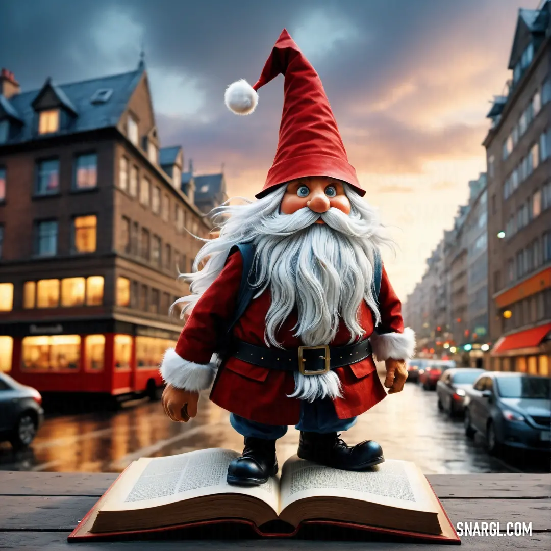 Book with a gnome figurine on top of it in a city street at night with a red bus